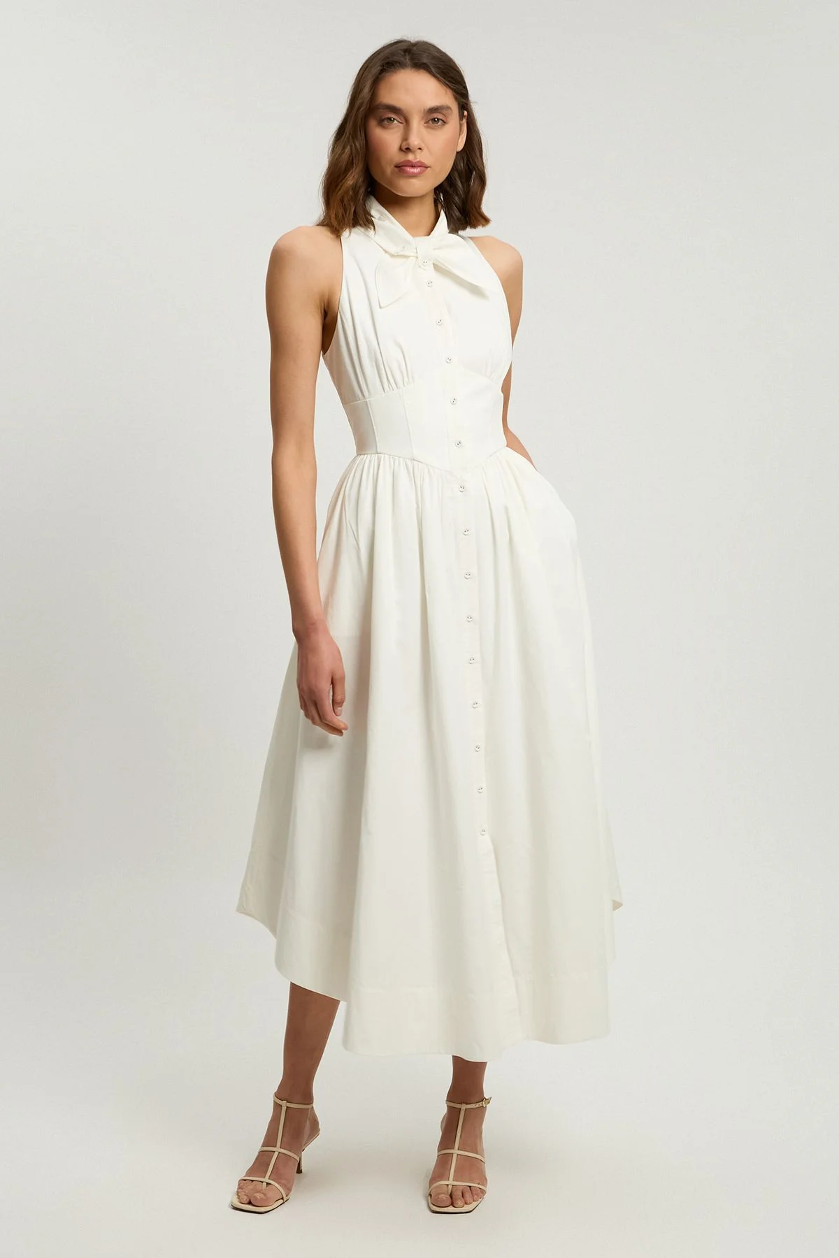 Cotton Poplin Tie Neck Midi Dress - 1