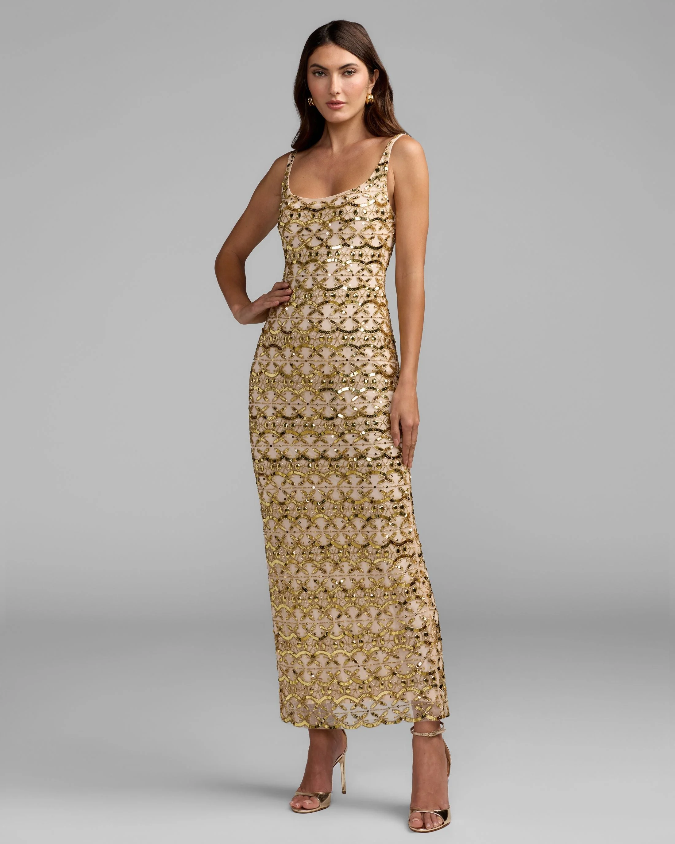 Nude Gold Embellished Scoop Neck Column Dress - 1