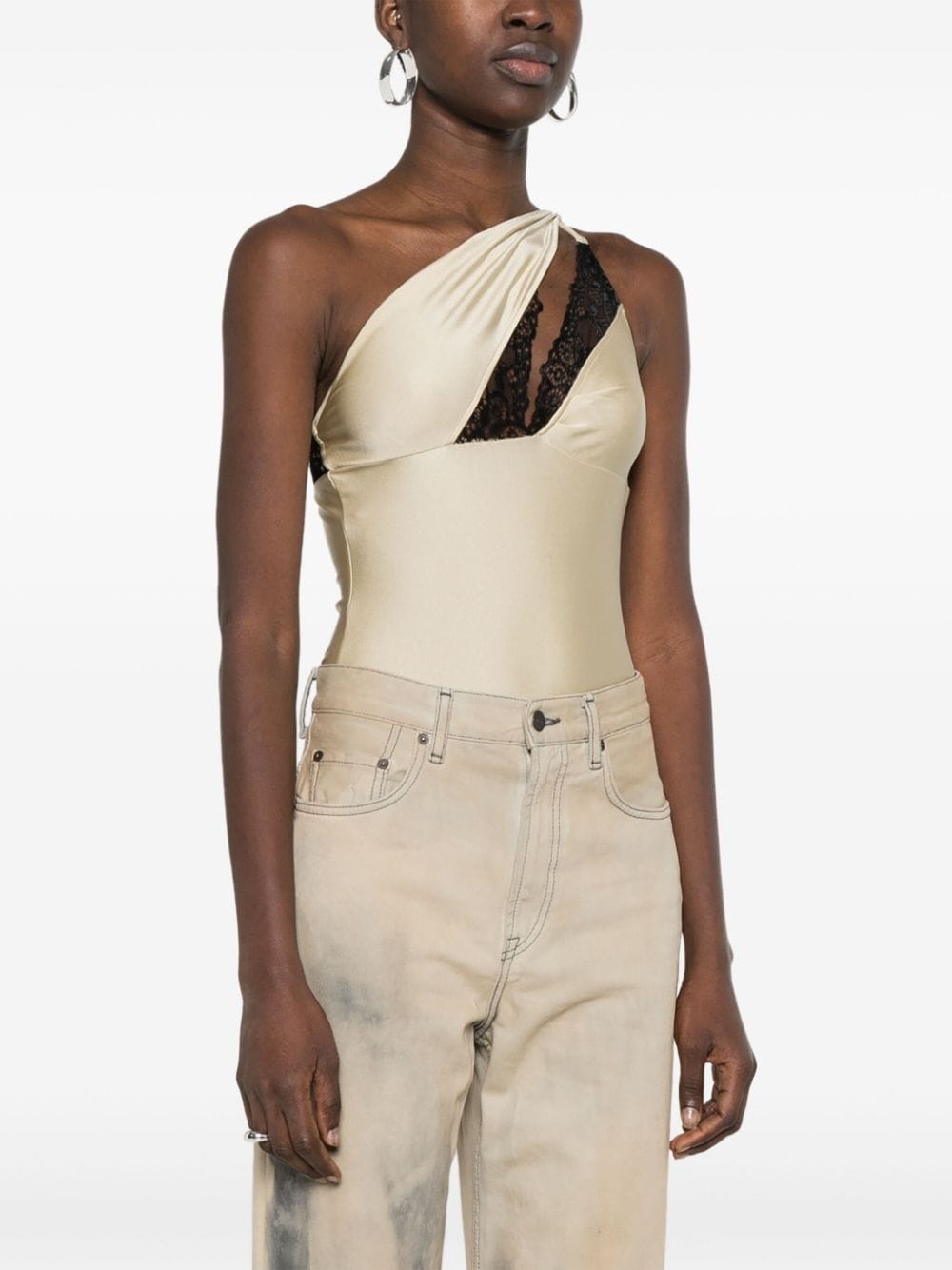 lace-detailing asymmetric bodysuit - 3