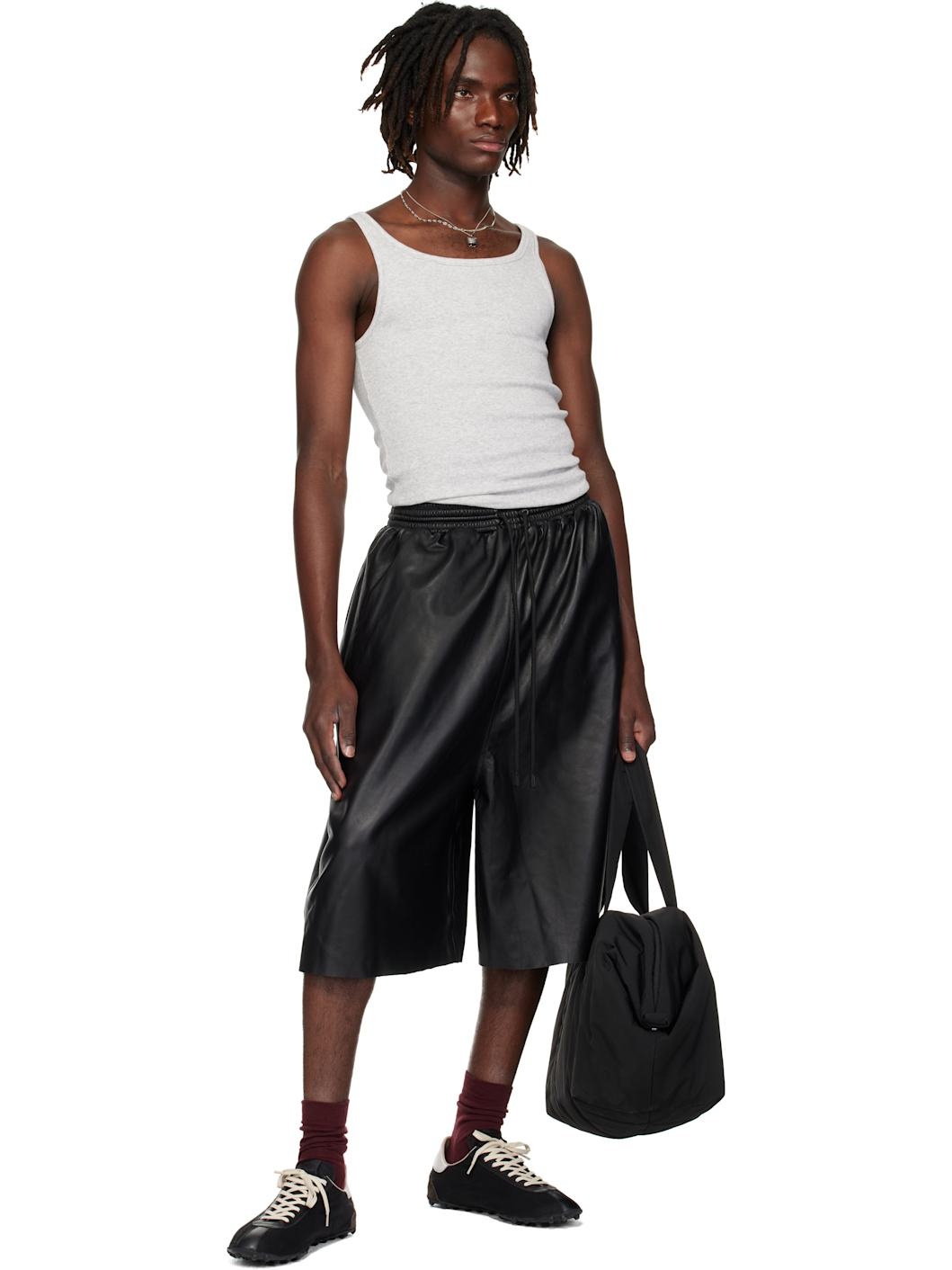Black Leather B Ball Shorts - 5