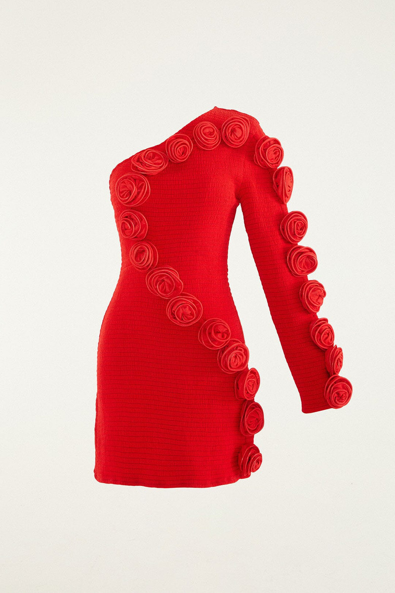 Red 3D Roses One-Shoulder Slim Mini Dress 6