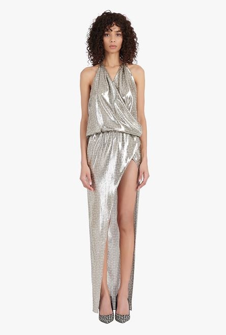 Long silver silk dress with Balmain monogram - 4