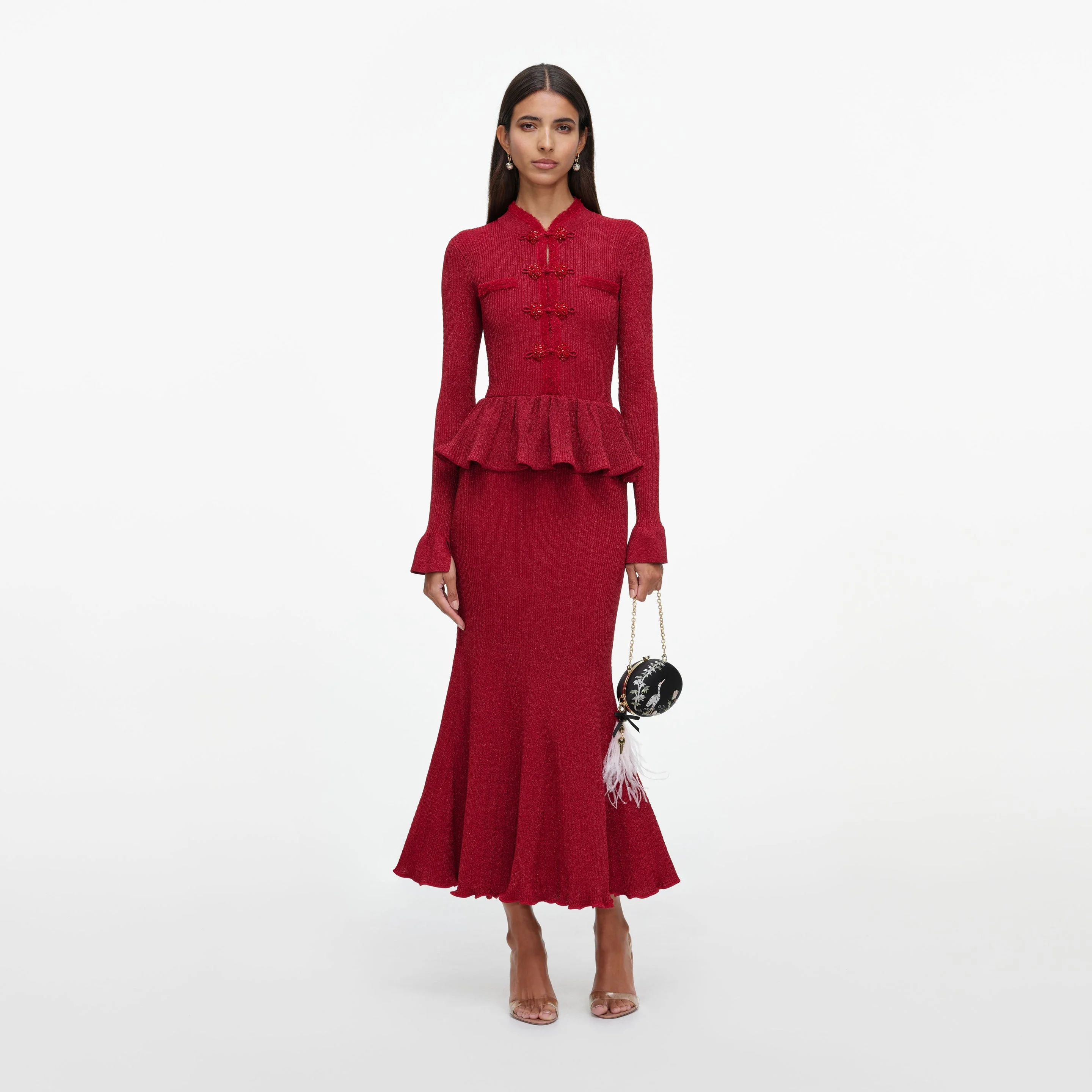 Red Metallic Peplum Knit Midi Dress - 1
