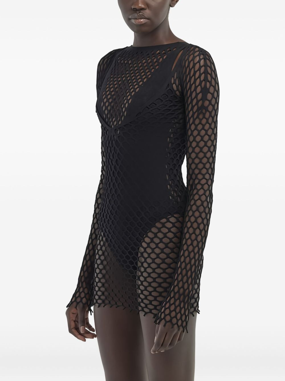 net-pattern long-sleeve mini beach dress - 4