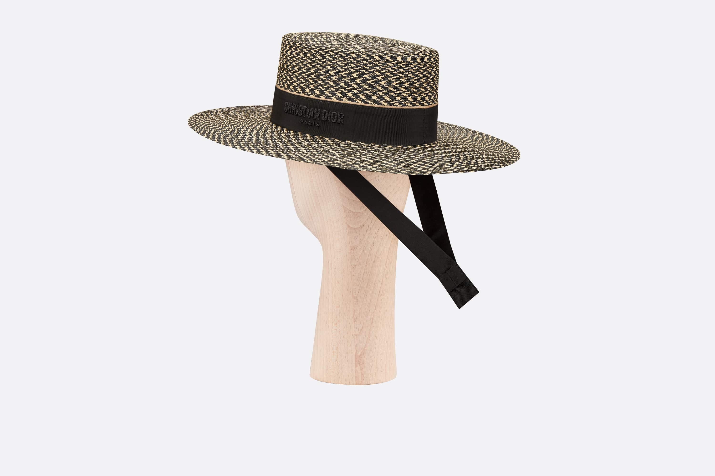 DIOR D-bobby Large Brim Hat Straw With Beige And Black Embroidered Band - Size 58 - Women