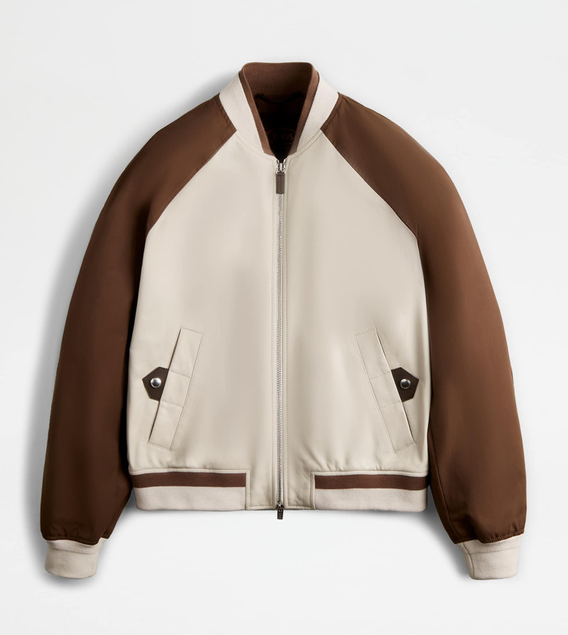 BOMBER JACKET IN LEATHER - BROWN, OFF WHITE 1