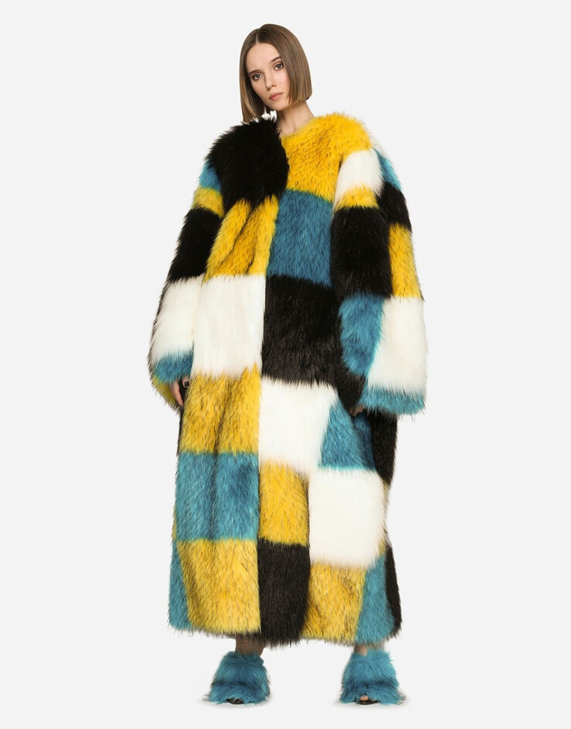 Damier-design long-hair faux fur coat 1