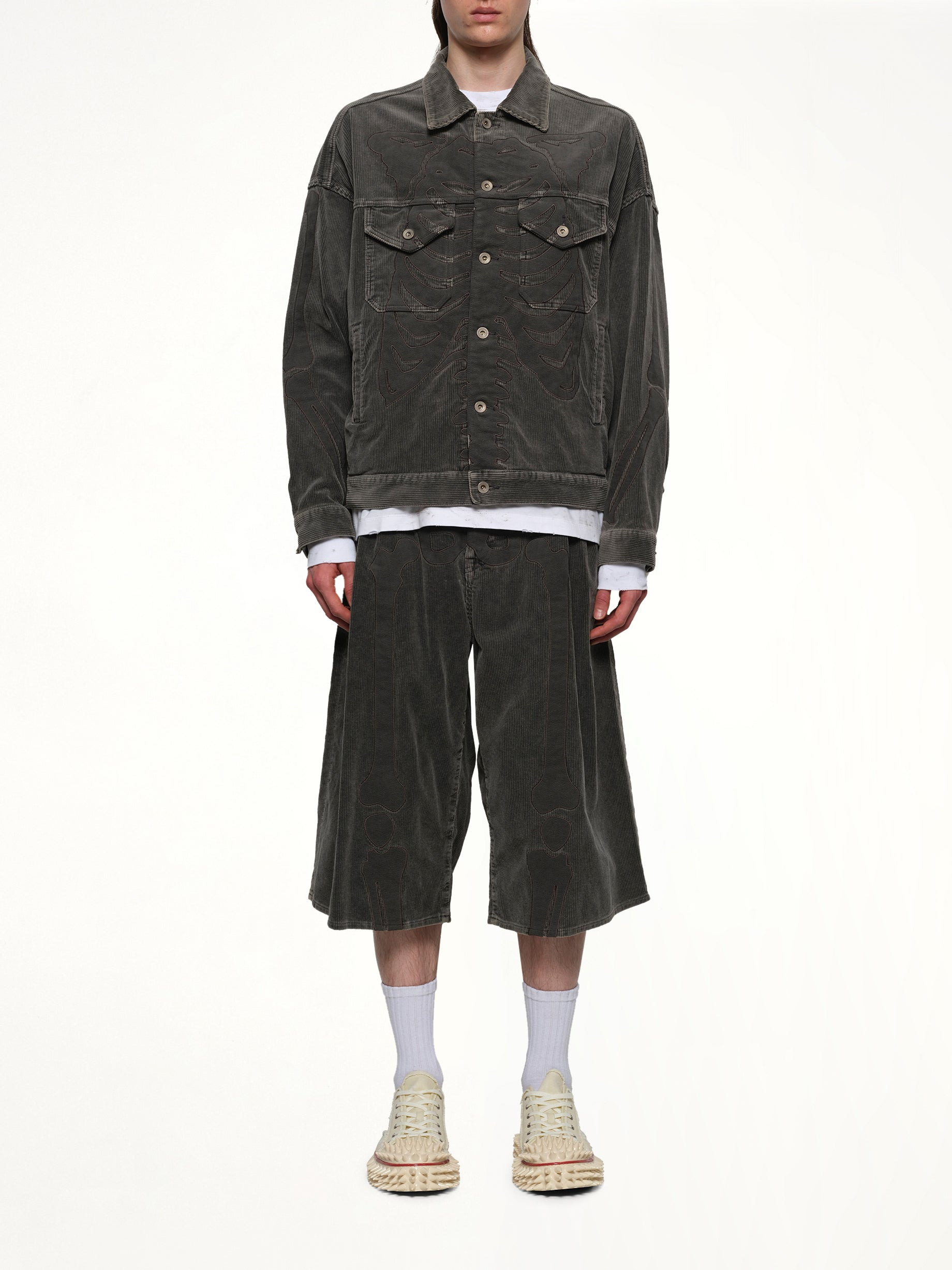 Bone Applique Corduroy Jacket in Grey - 7