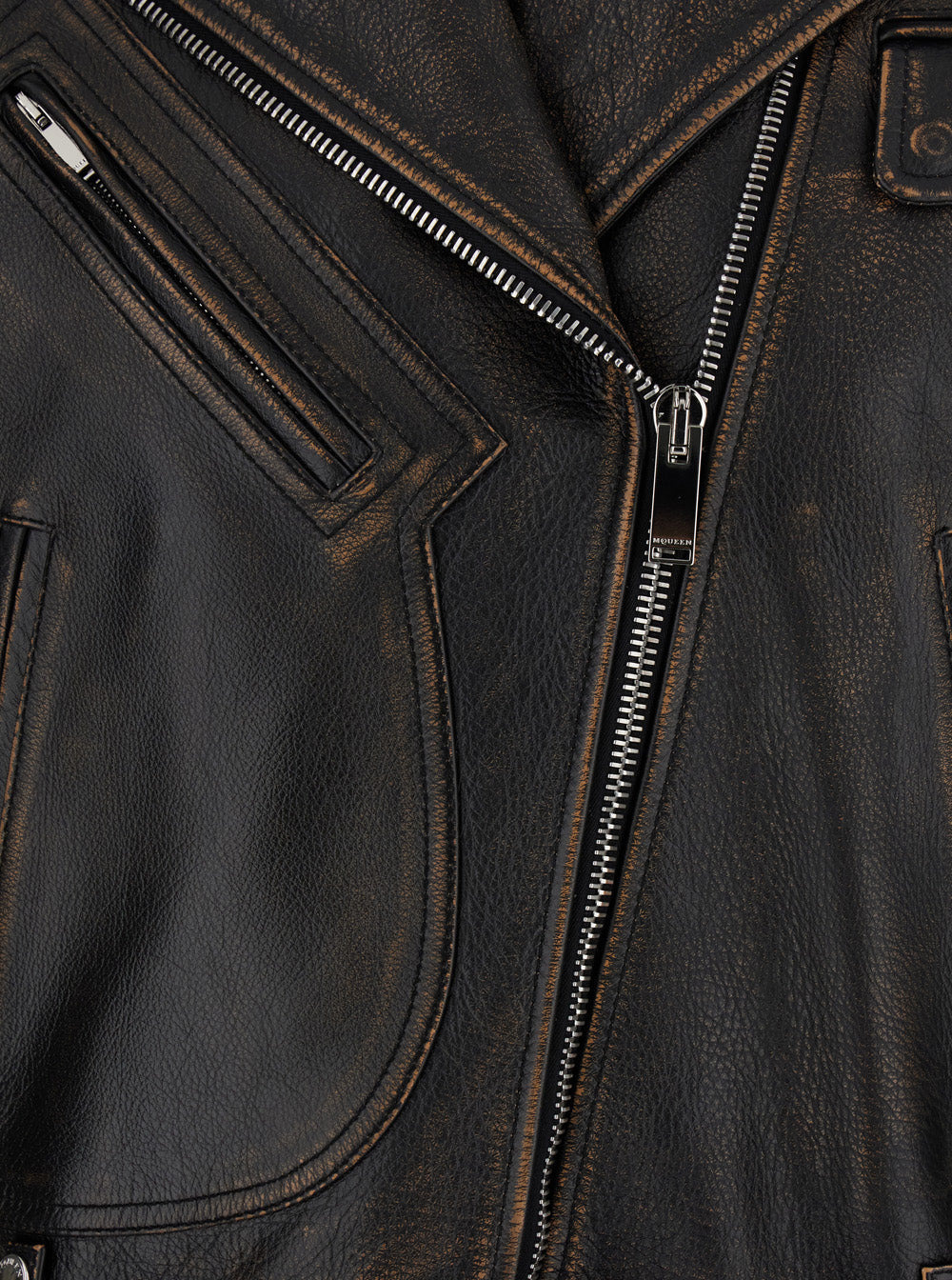 Alexander Mcqueen Women Antiqued Brown Biker Jacket With Wide Classic Lapels And Decentralized Zip C - 3