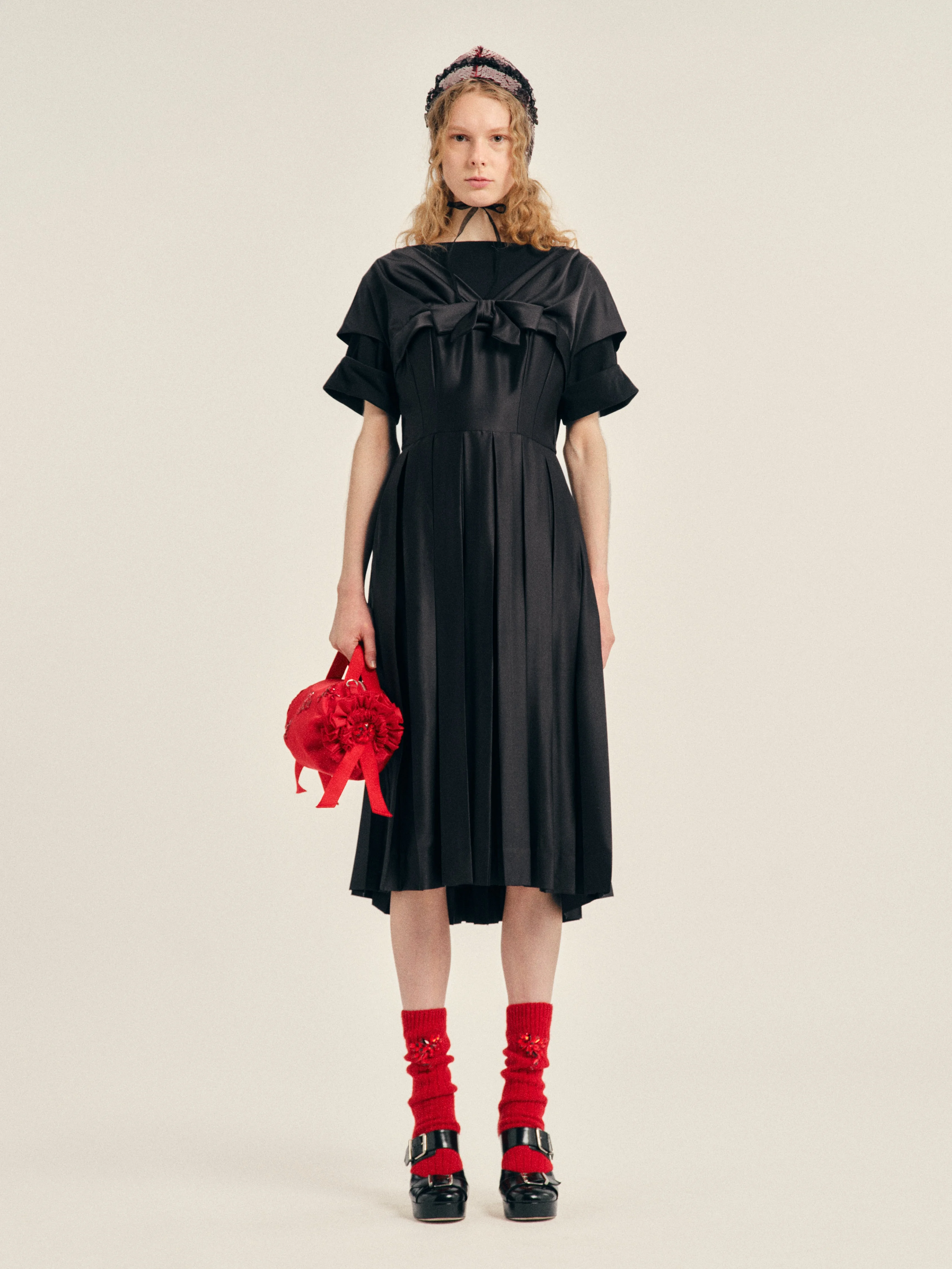 Pleated Patchwork Wire Sleeve Flare Dress - 1