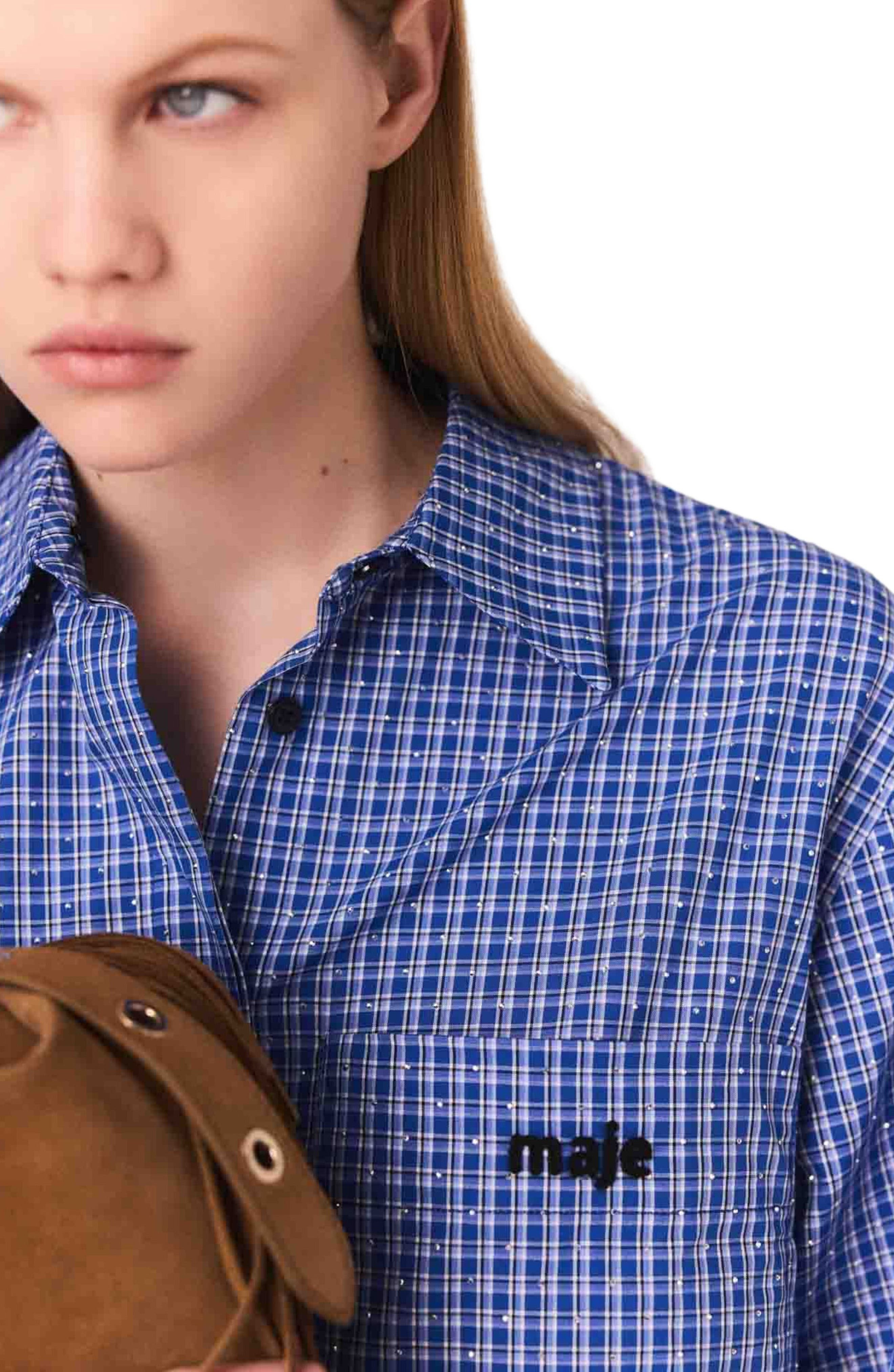 maje Removable collar rhinestone shirt in Blue Rhinestoned Tiles Print at Nordstrom - 6