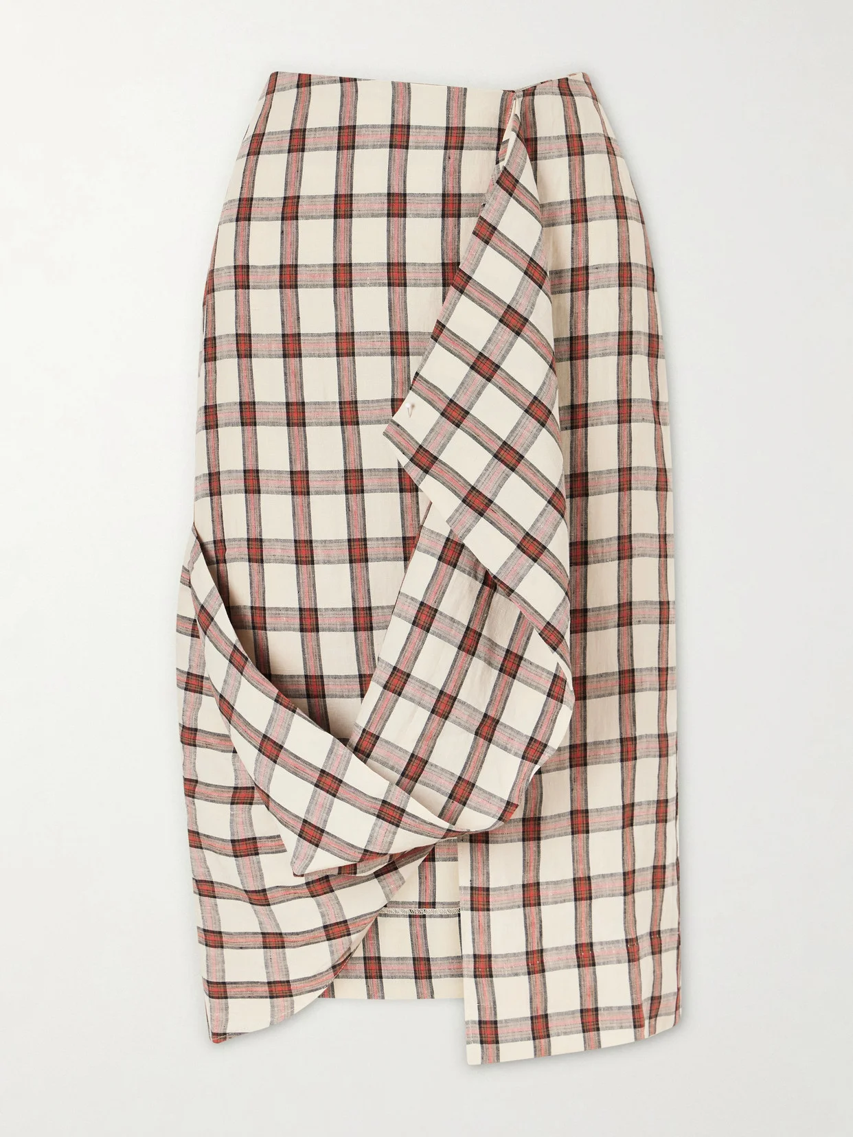 Draped Checked Linen Midi Skirt - 1