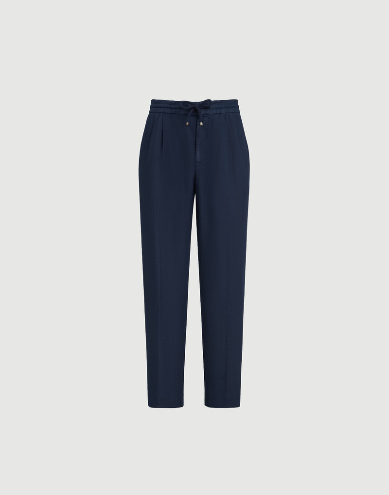 Garment-dyed trousers in linen gabardine with drawstring and double pleats 1