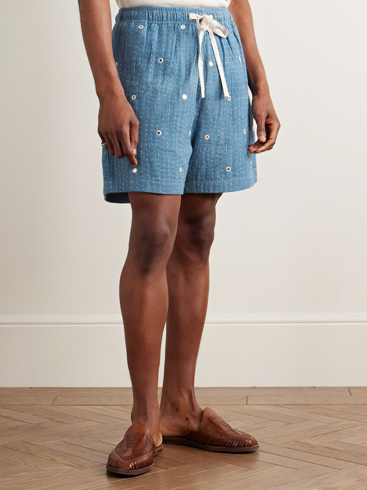 Straight-Leg Embellished Kantha Cotton Drawstring Shorts Blue - 3
