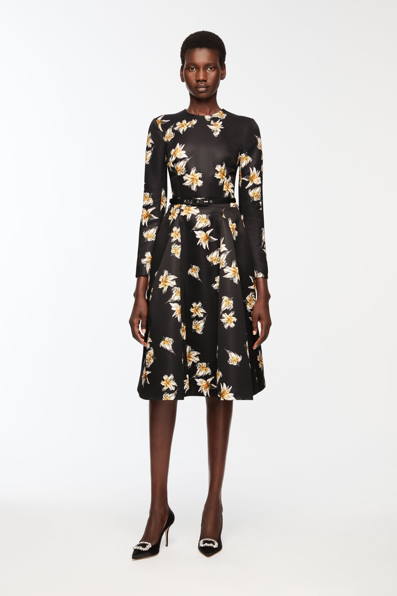 EMILIA WICKSTEAD Uccelina Dress In Black & Yellow Festive Lillies Taffeta Faille outlook