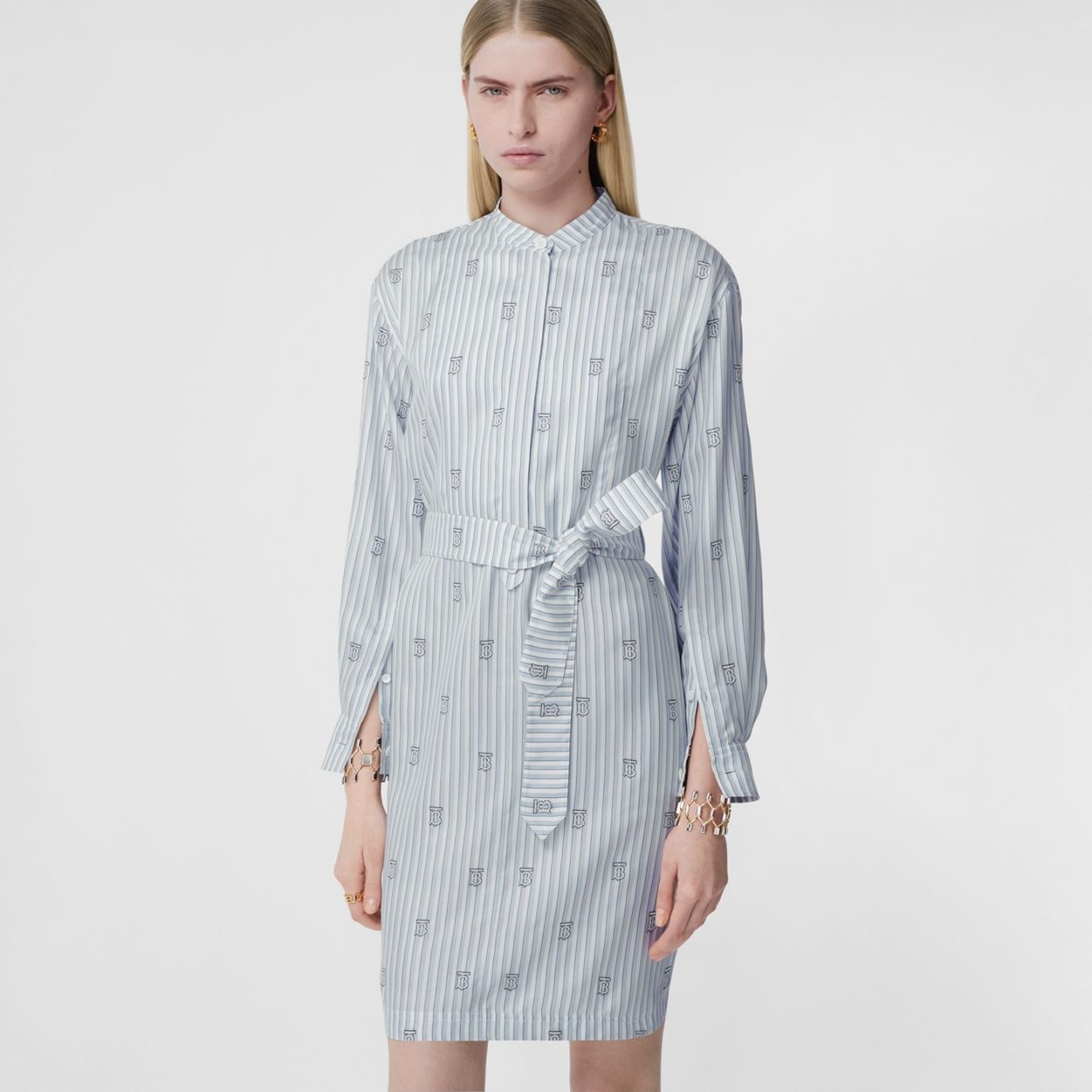 Monogram and Stripe Silk Blend Shirt Dress - 6