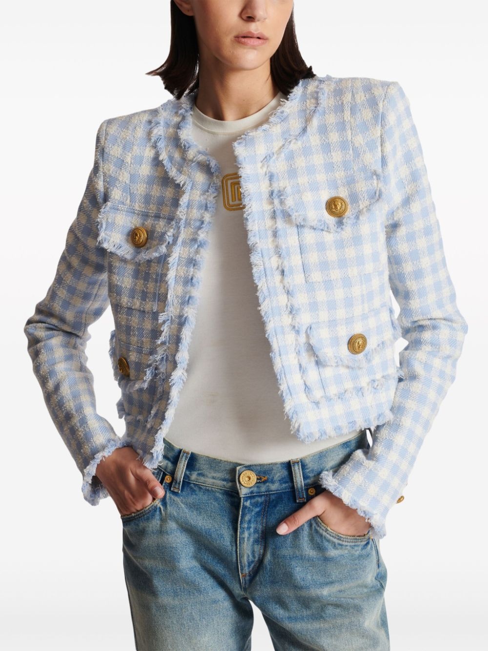 gingham tweed jacket - 7