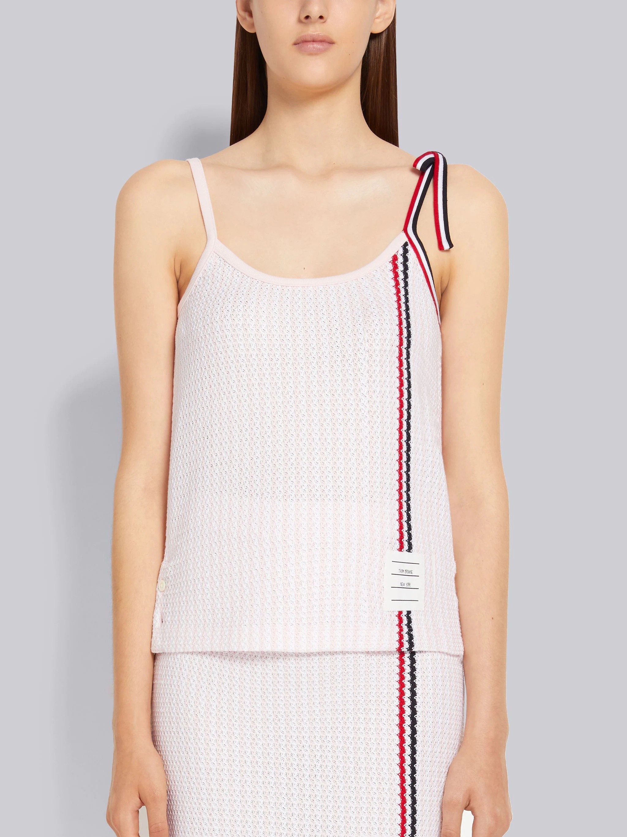 Light Pink University Stripe Cotton Tweed Engineered Stripe Tie Strap Camisole - 1