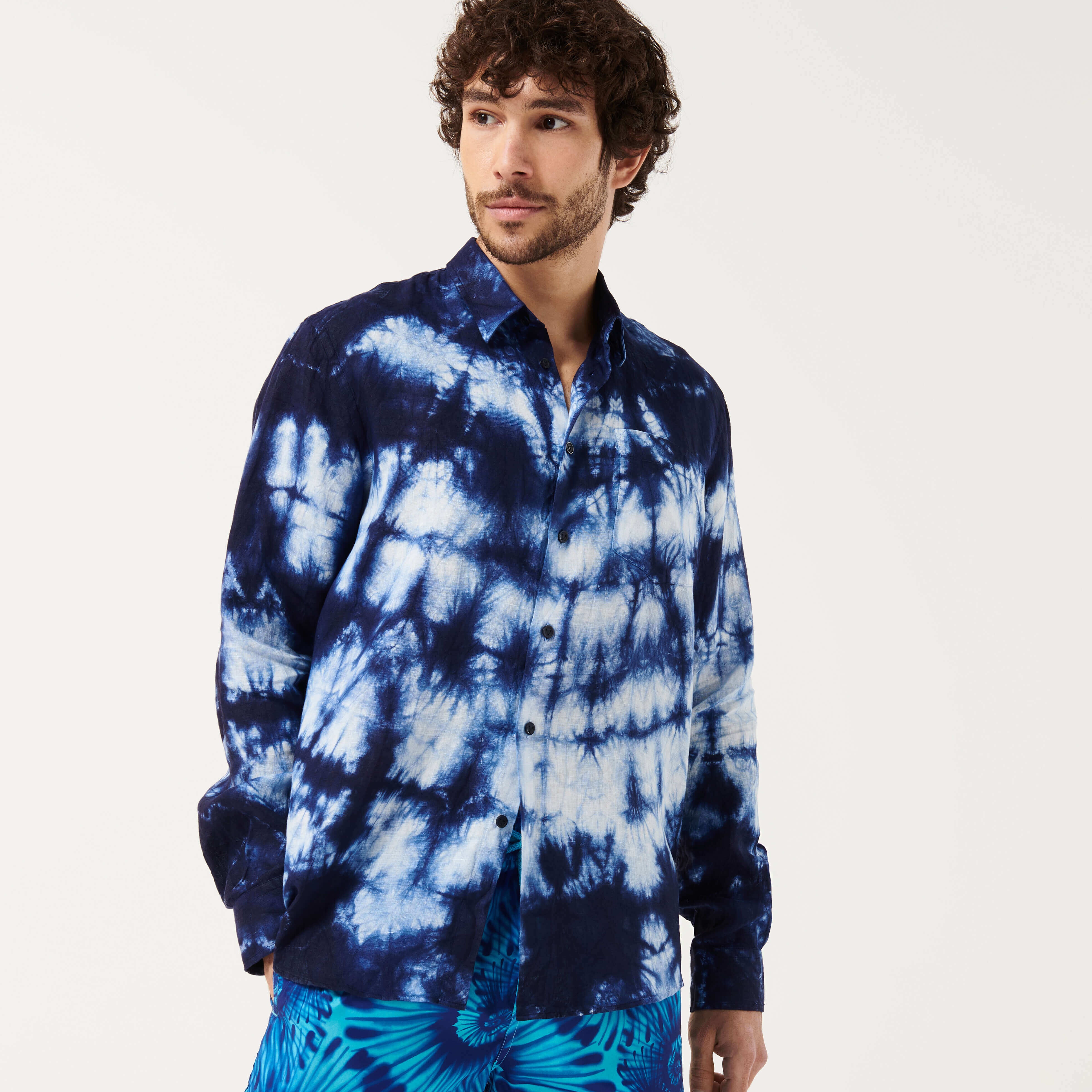 Men Bowling Shirt Linen and Cotton Fonds Marins Tie & Dye - 10