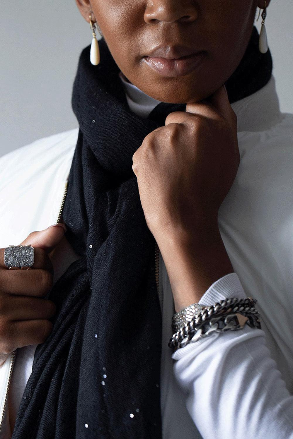 Black Cashmere Silk and Paillette Scarf - 2
