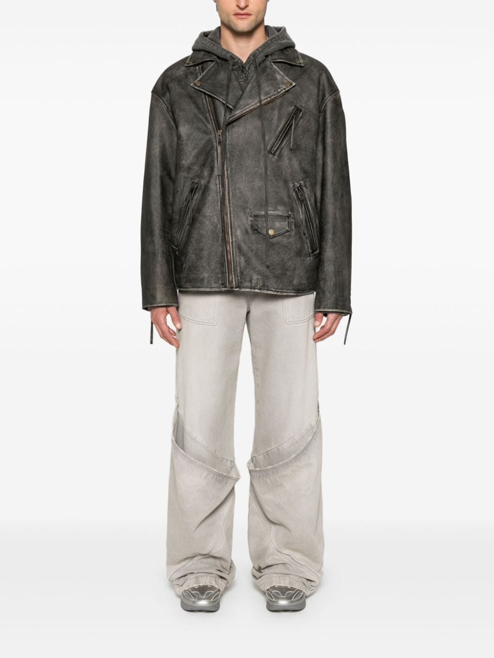 logo-embossed biker leather jacket - 2