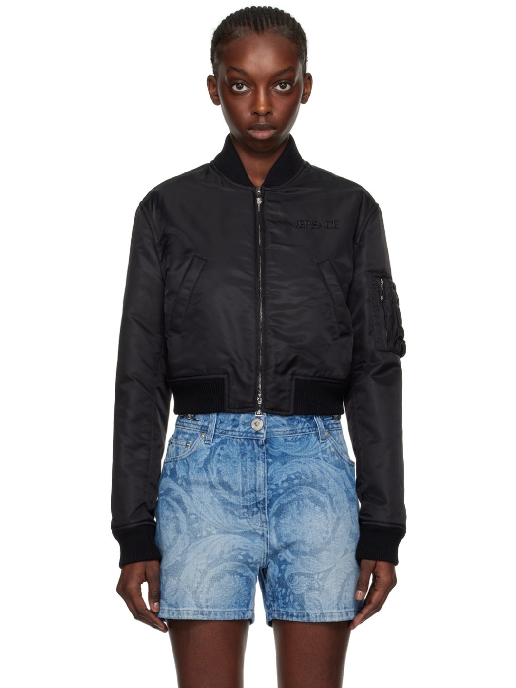 Black Cropped Bomber Jacket - 1