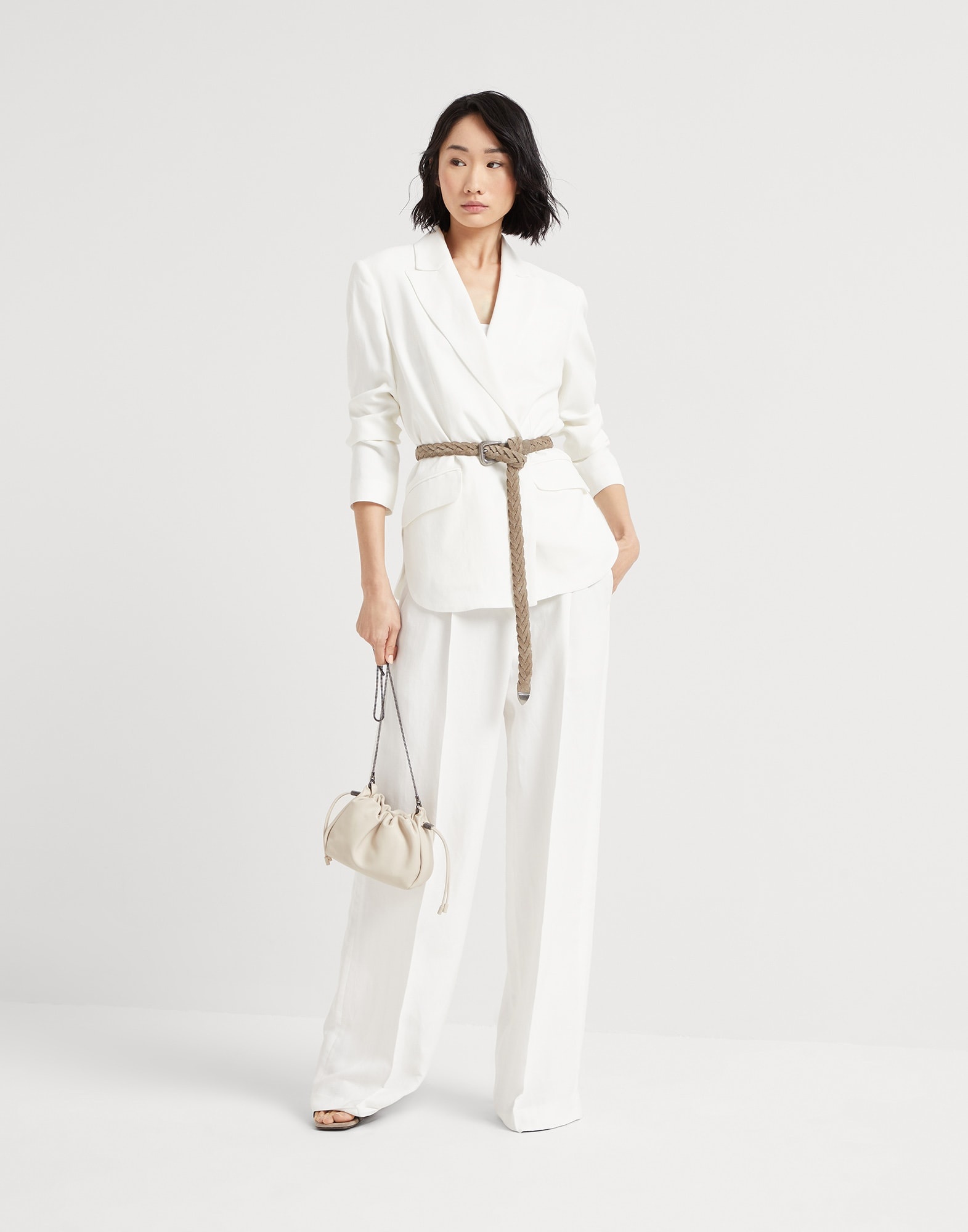Viscose and linen fluid twill loose pleated trousers with monili - 4