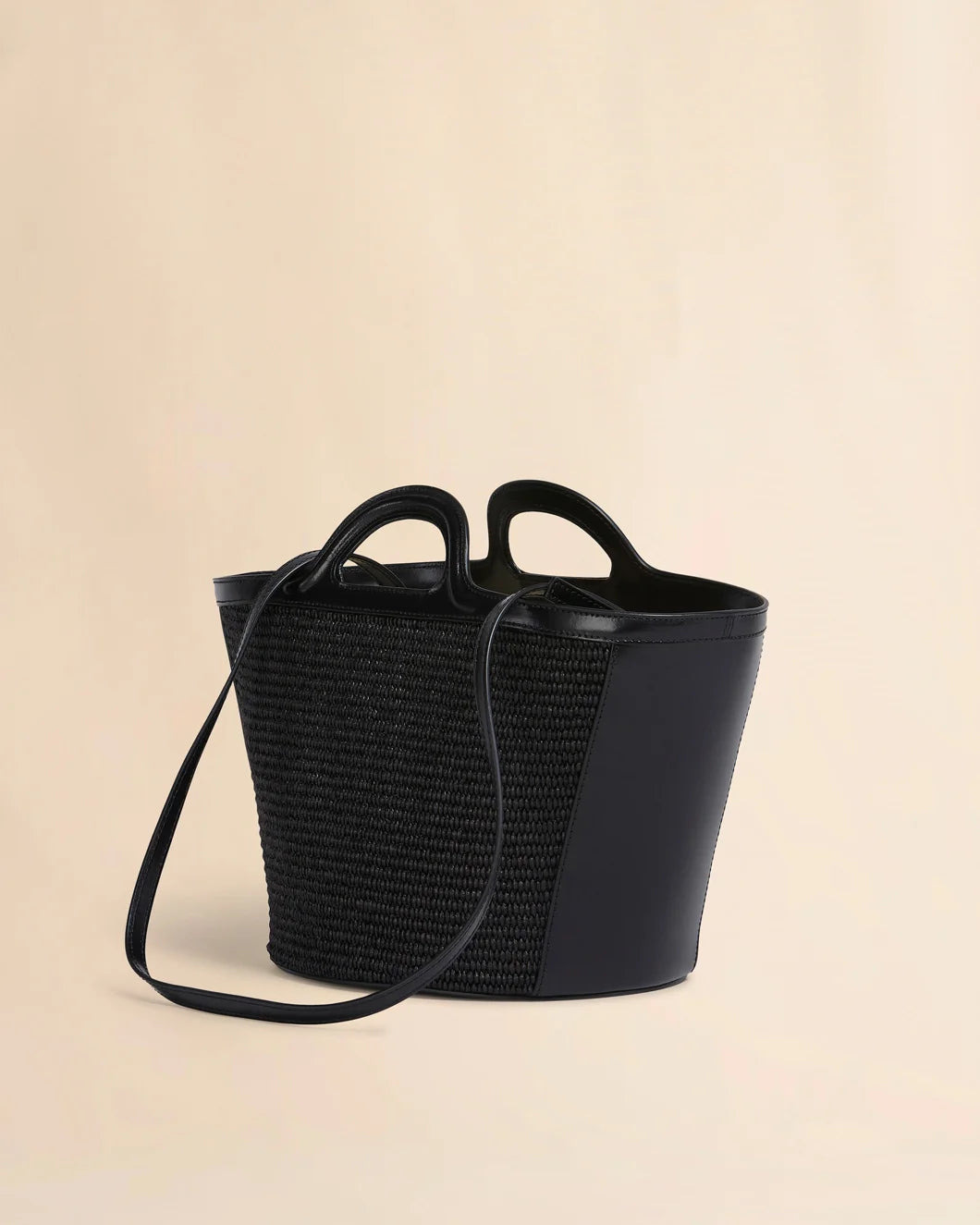 TROPICALIA SMALL BAG IN BLACK LEATHER AND RAFFIA-EFFECT FABRIC - 5