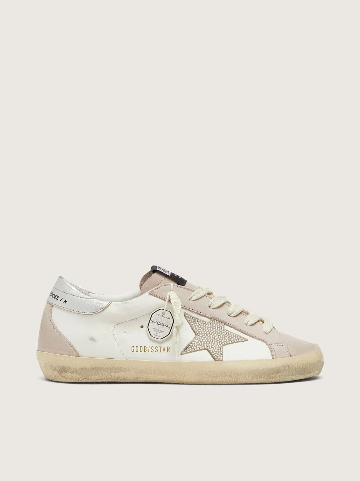 Women’s Super-Star in white and powder-pink leather with silver Swarovski crystal star - 1