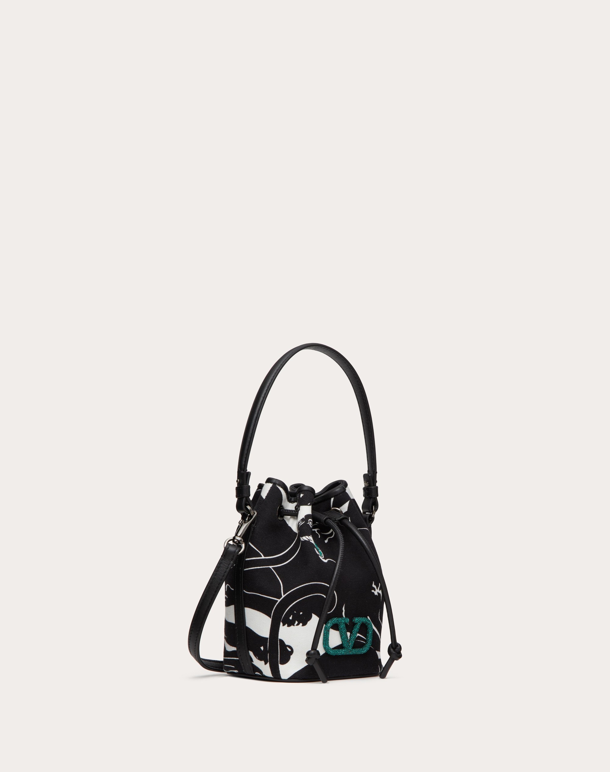 MINI VALENTINO GARAVANI ESCAPE BUCKET BAG IN CANVAS WITH PANTHER PRINT AND JEWEL LOGO - 3