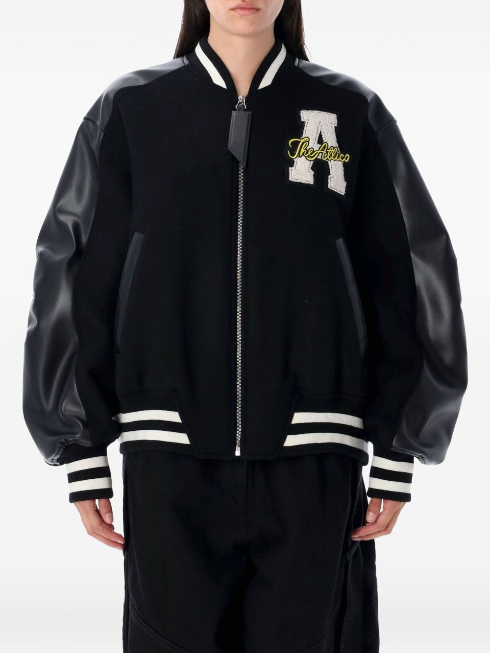 varsity leather-sleeve bomber jacket - 1