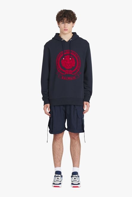 HIGH SUMMER CAPSULE - Navy blue cotton sweatshirt with flocked red Balmain logo - 4