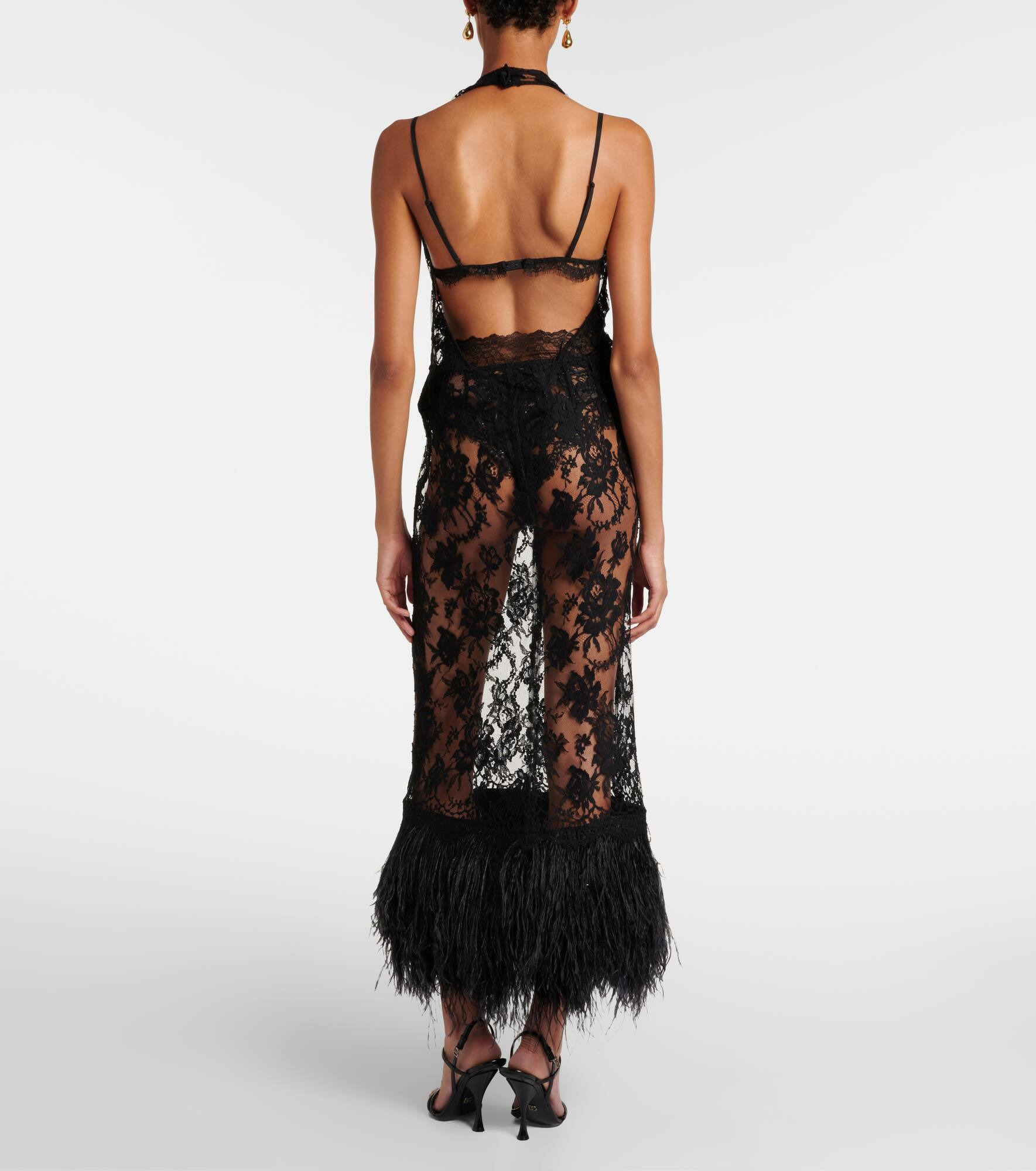 Feather-trimmed floral lace midi dress - 3