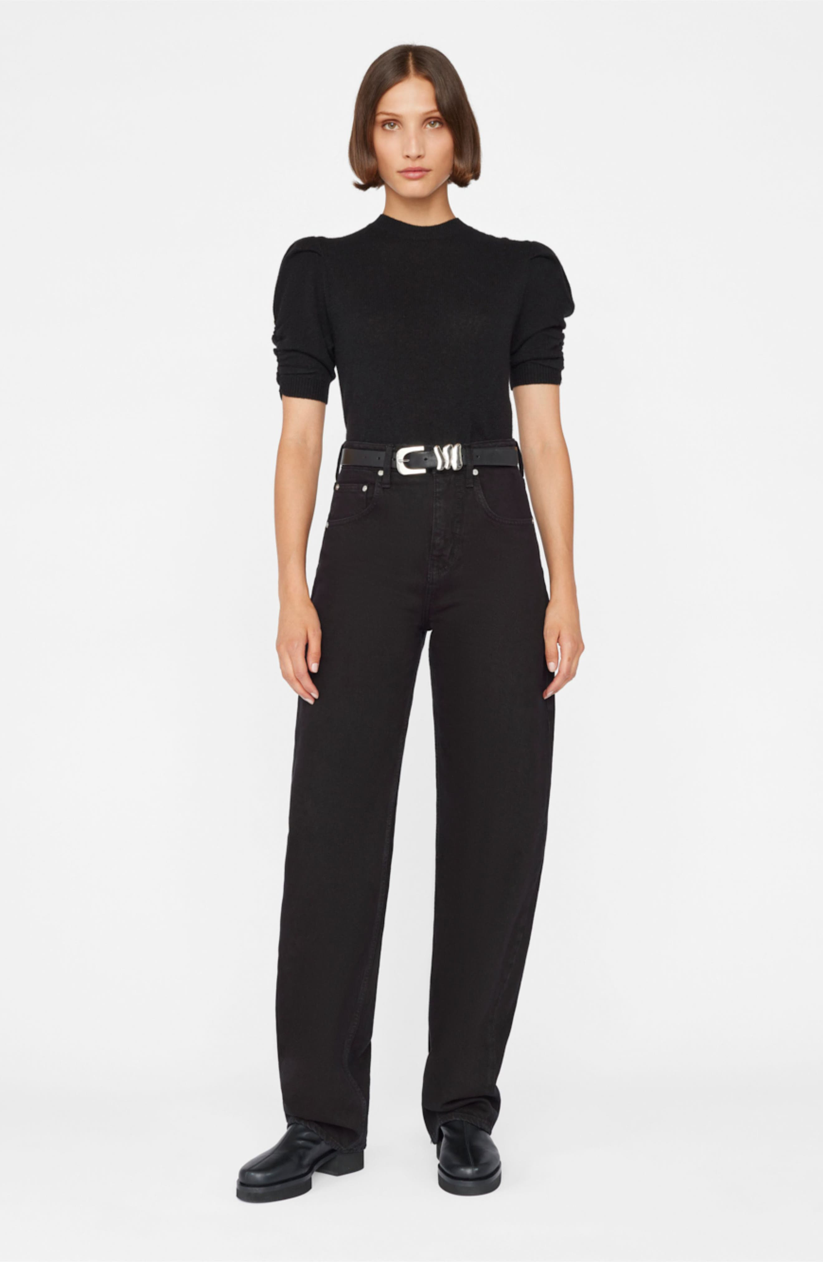 FRAME Ruched Sleeve Recycled Cashmere & Wool Sweater in Noir at Nordstrom - 4