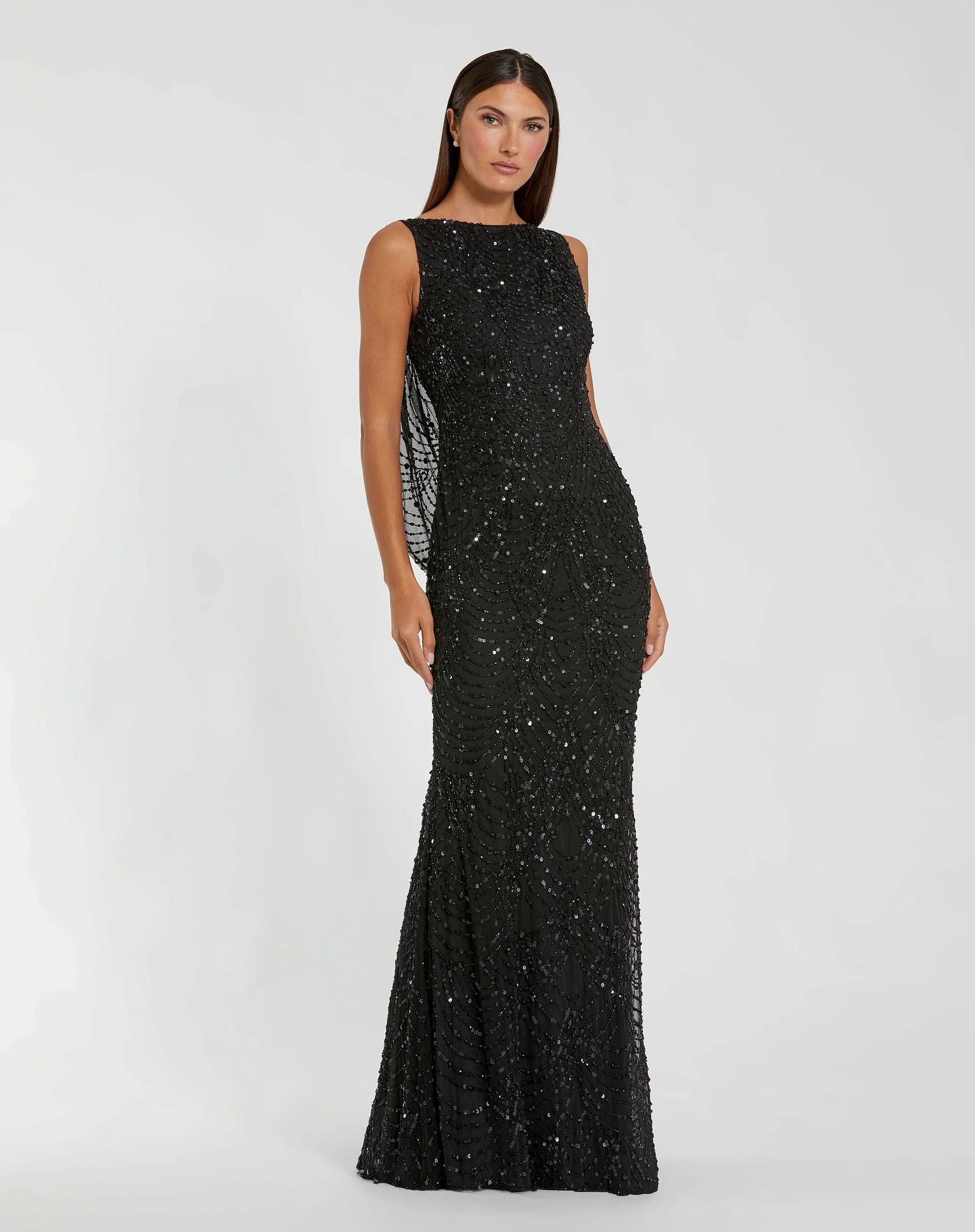 Black Beaded Open Back Column Gown - 1