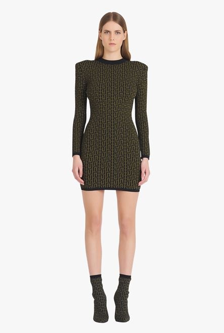 Short khaki and black wool dress with monogram print - 4