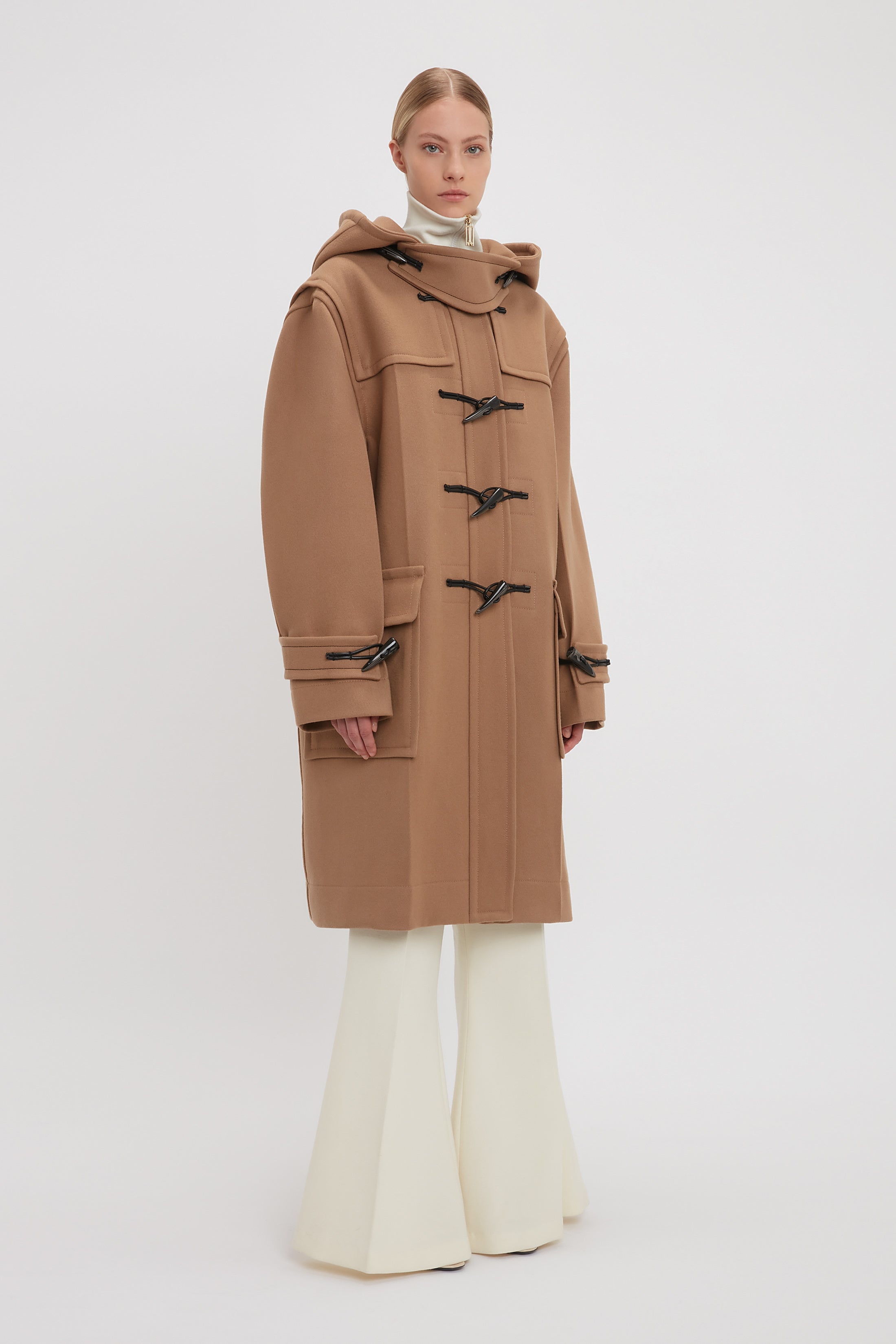 コート Victoria Beckham FW24 (1424WCT005791B CAMEL) VICTORIA BECKHAM Hooded leather-trimmed wool coat | NET-A-PORTER
