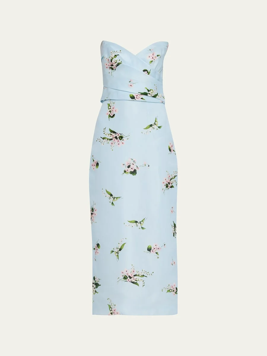 Strapless Posie Print Silk Midi Cocktail Dress - 1