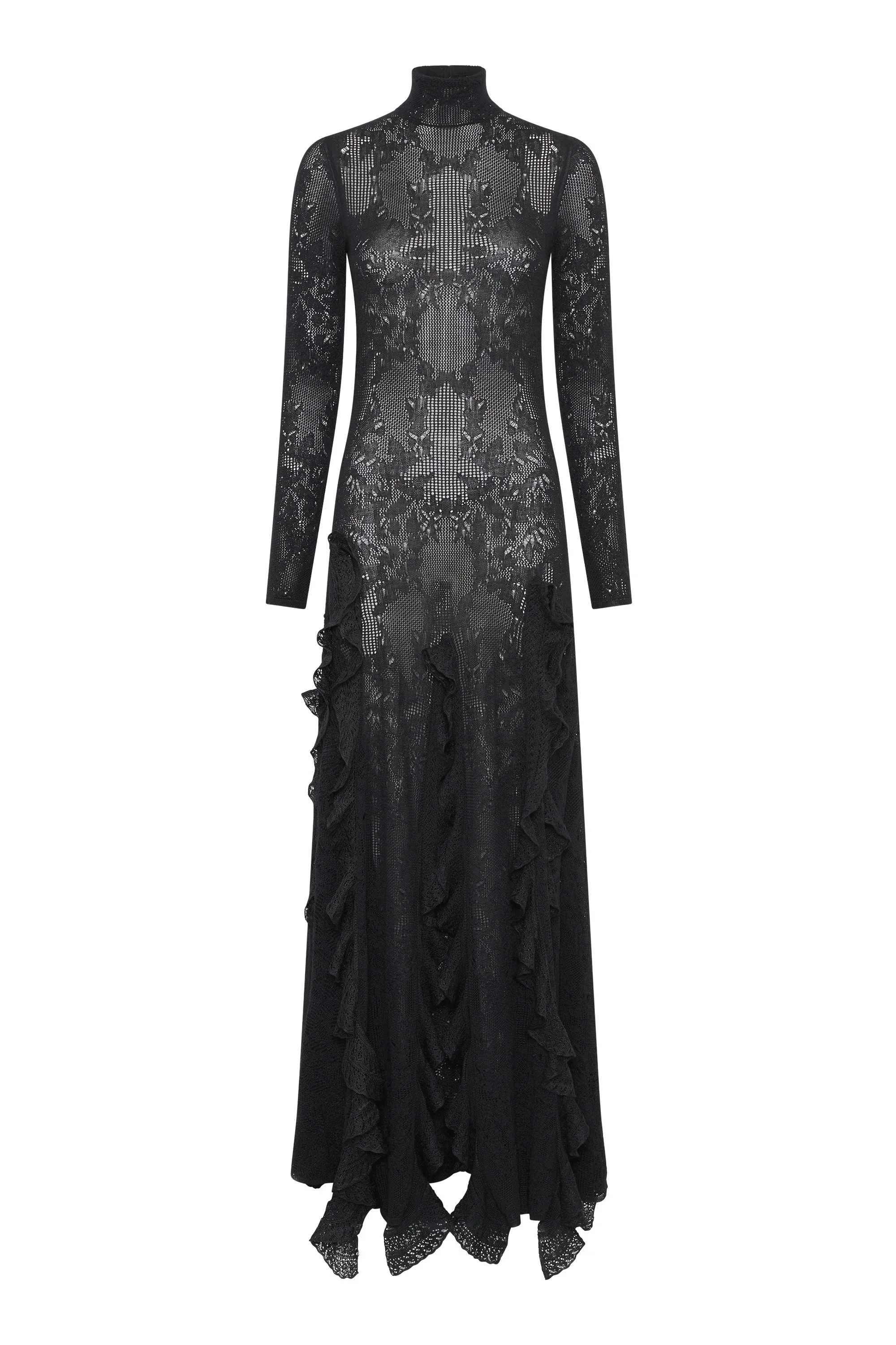 Solway Pointelle Knit Lace Dress in Black Silk Merino Wool with Custom Ruffles - 1