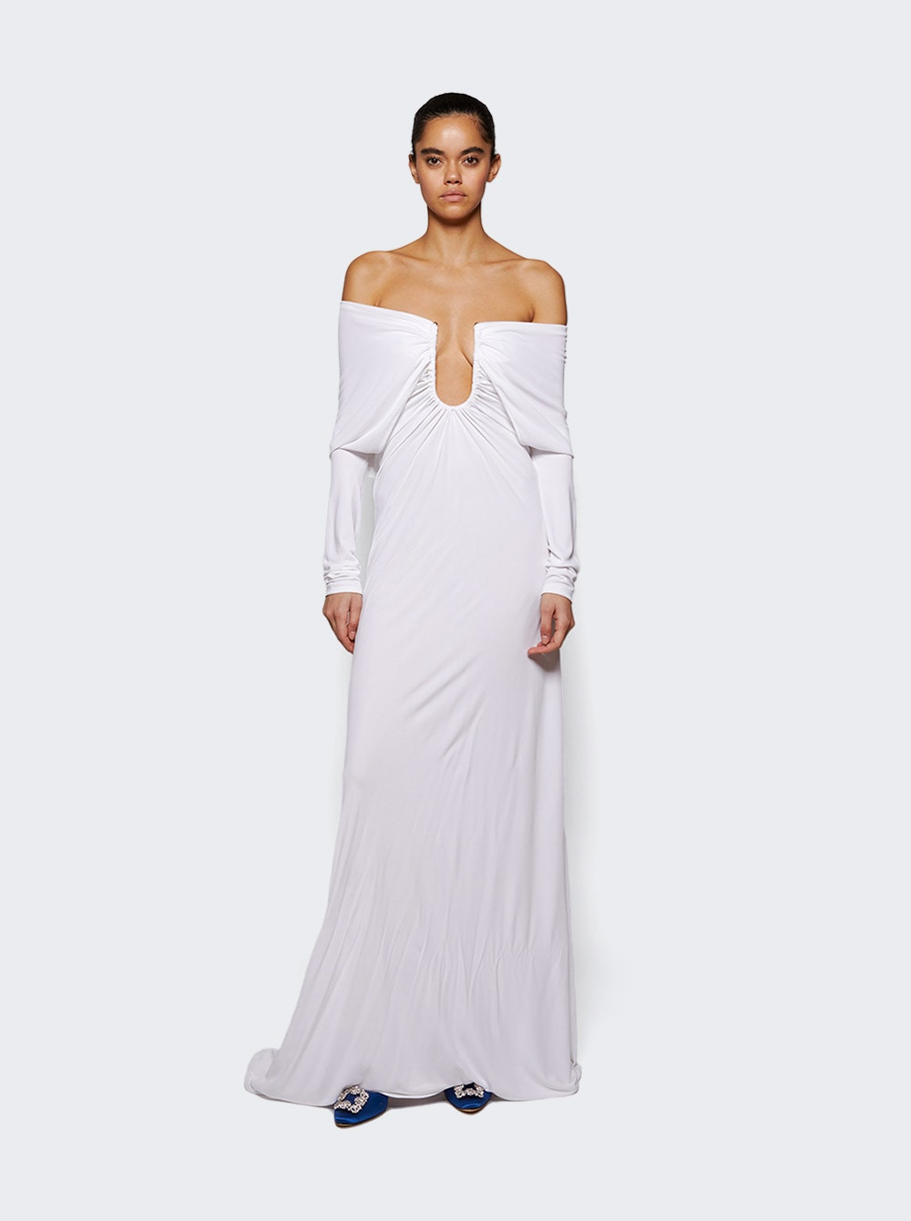 Arced Palm Strapless Shawl Gown White - 5