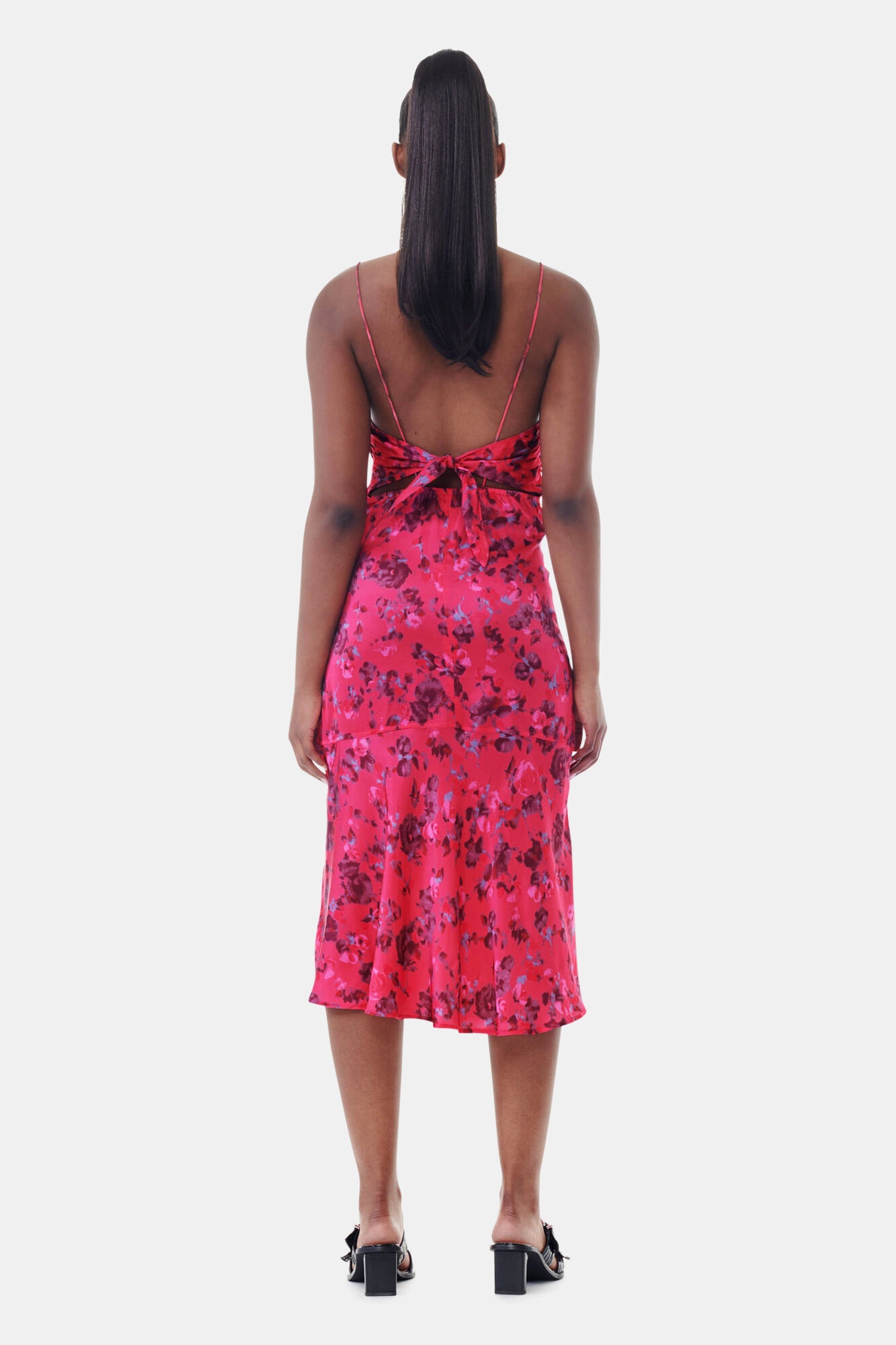 PINK FLORAL PRINTED SATIN MIDI DRESS - 5