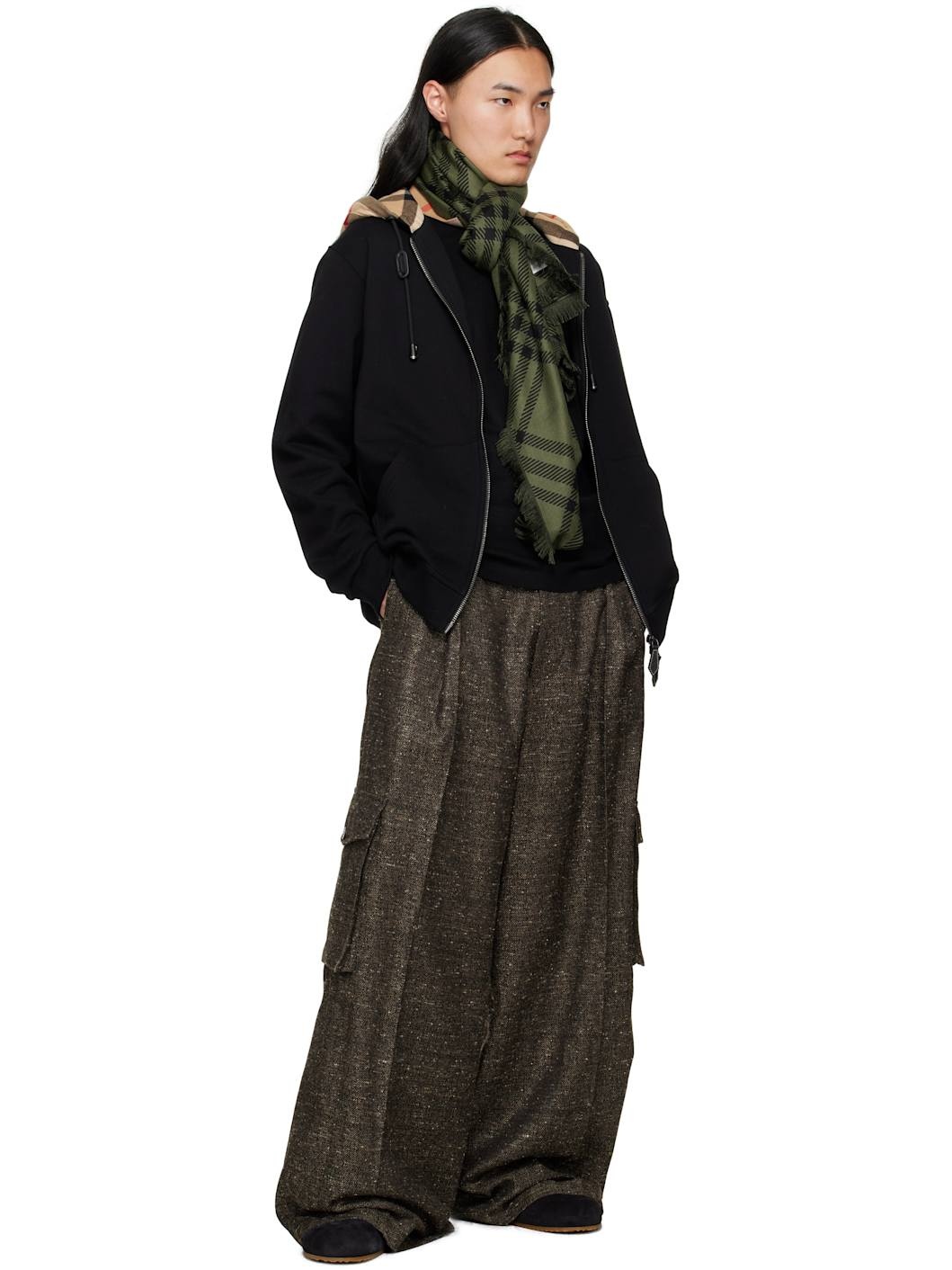 Khaki & Black Wide Check Wool Silk Scarf - 3