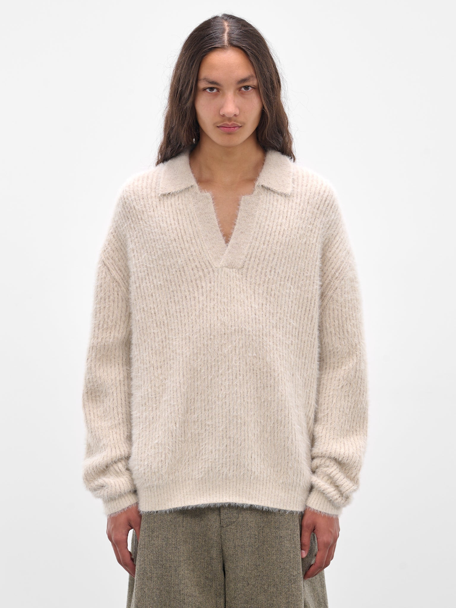 Beige Rib-Knit Polo Sweater - 1