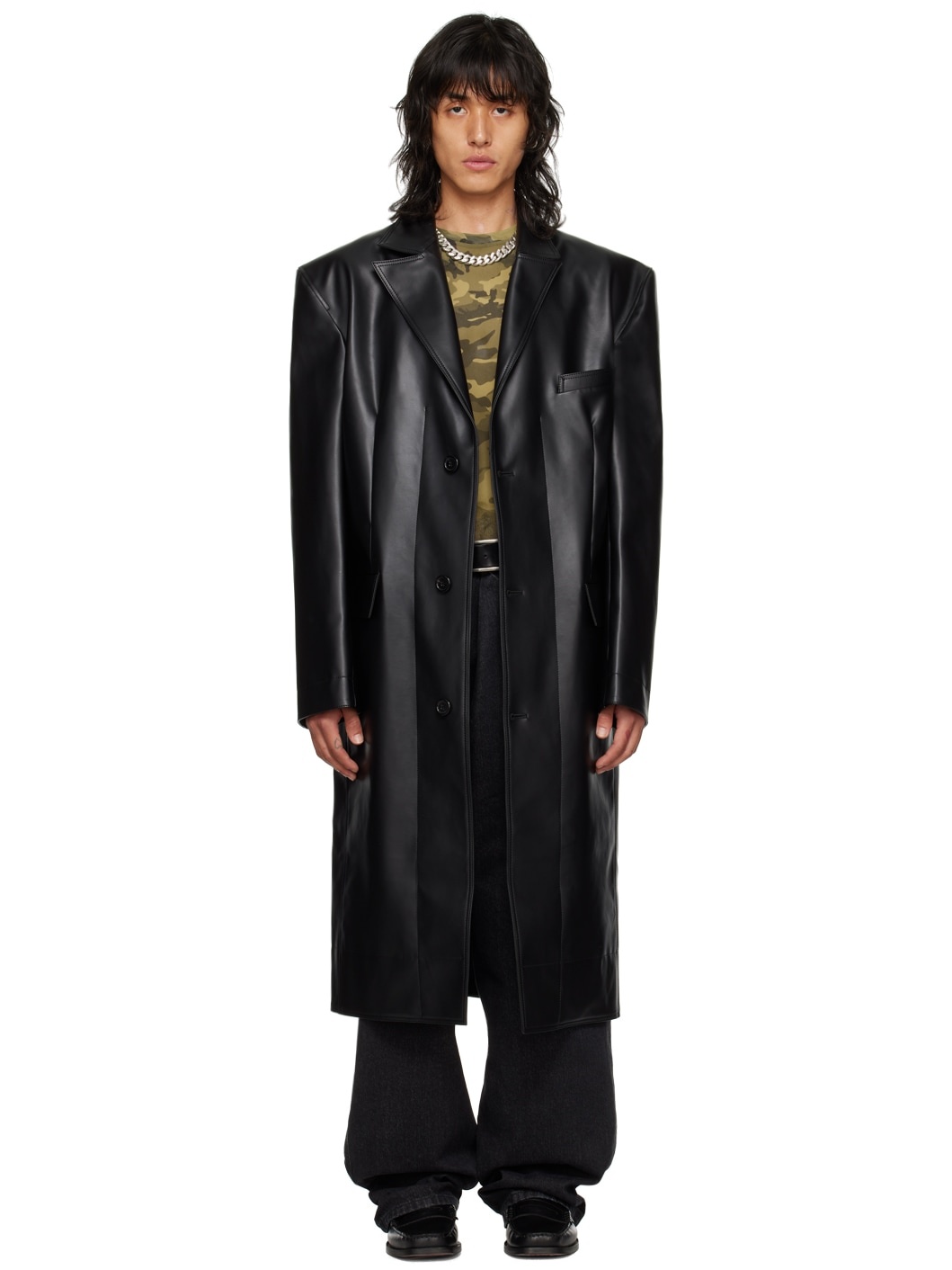 Black Notched Lapel Faux-Leather Coat - 1