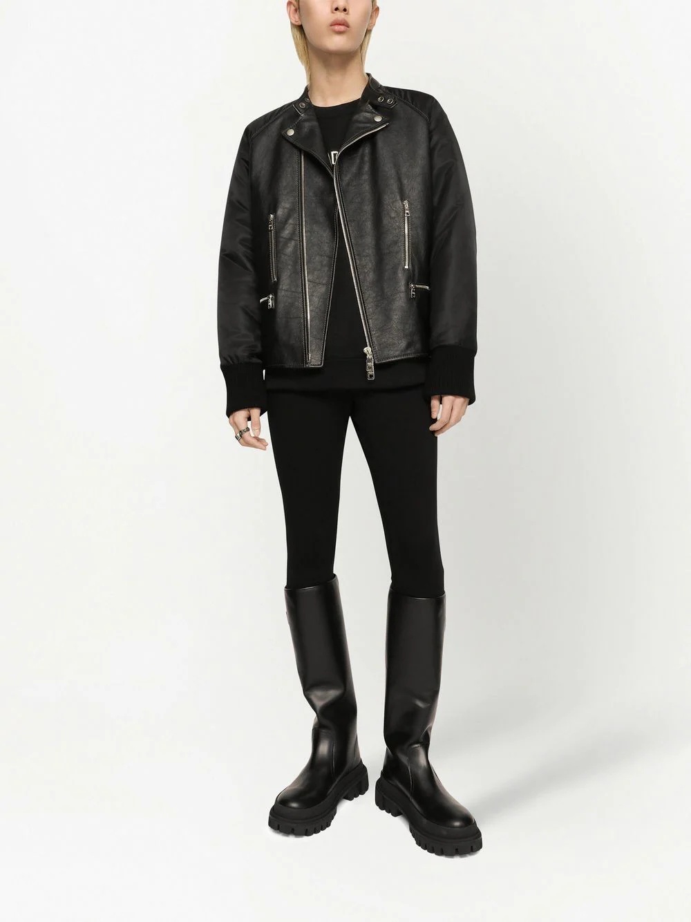 contrasting-sleeve leather biker jacket - 2