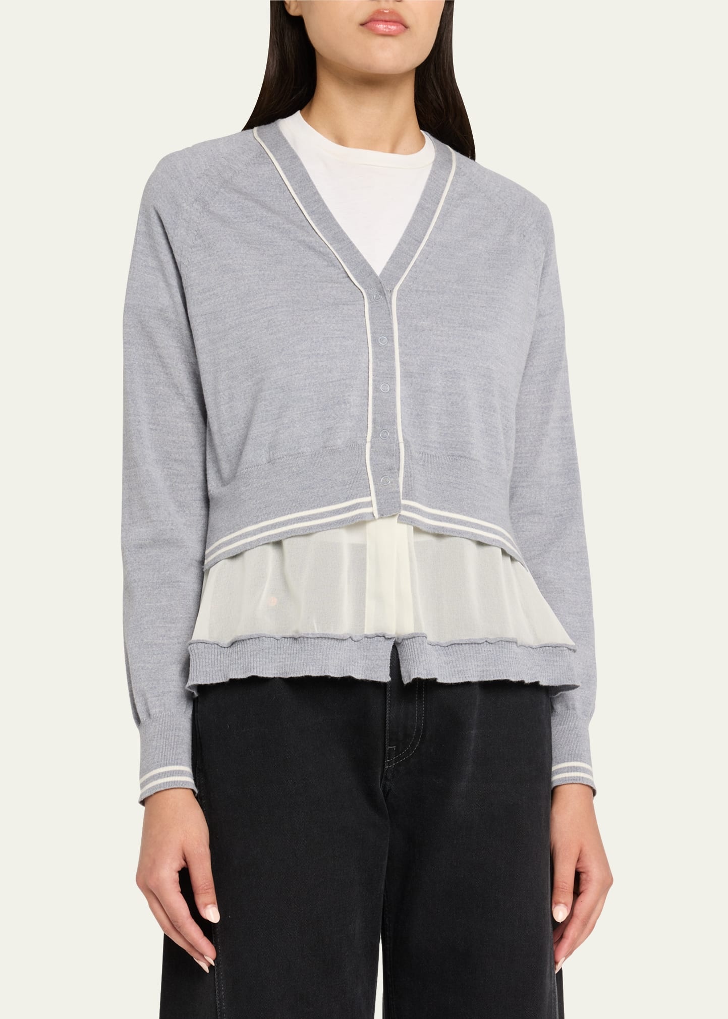 Chiffon-Trim V-Neck Cardigan - 4