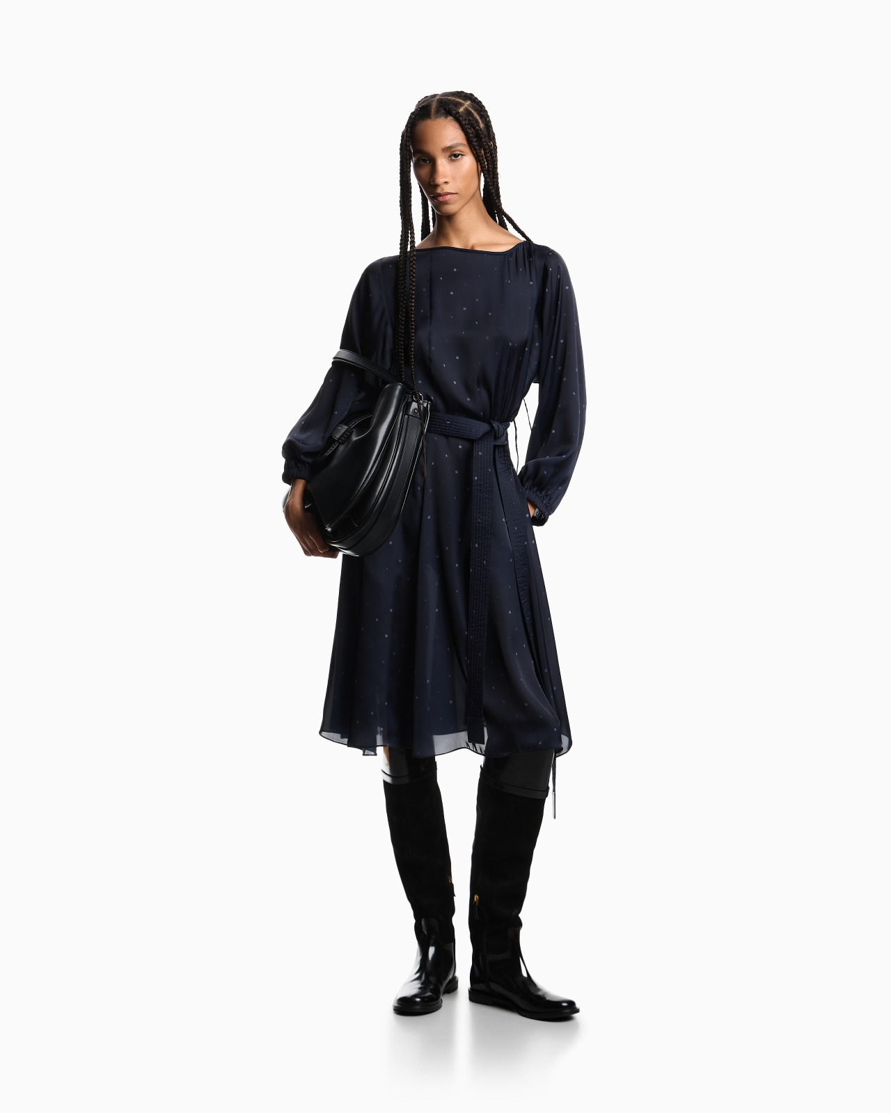POLKA-DOT PRINT SATIN DRESS WITH BELT - 2