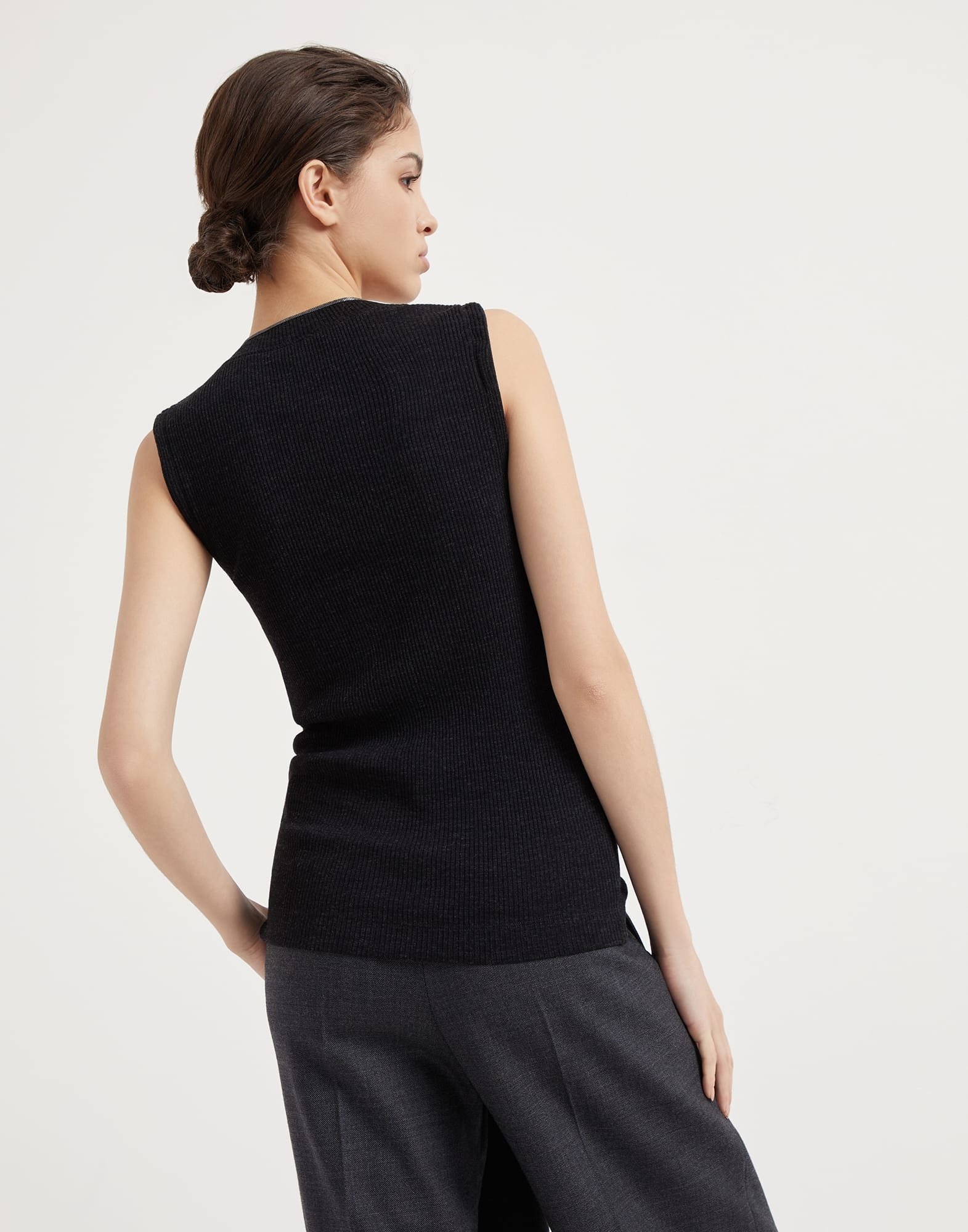 Ribbed wool jersey top with shiny neckline - 2