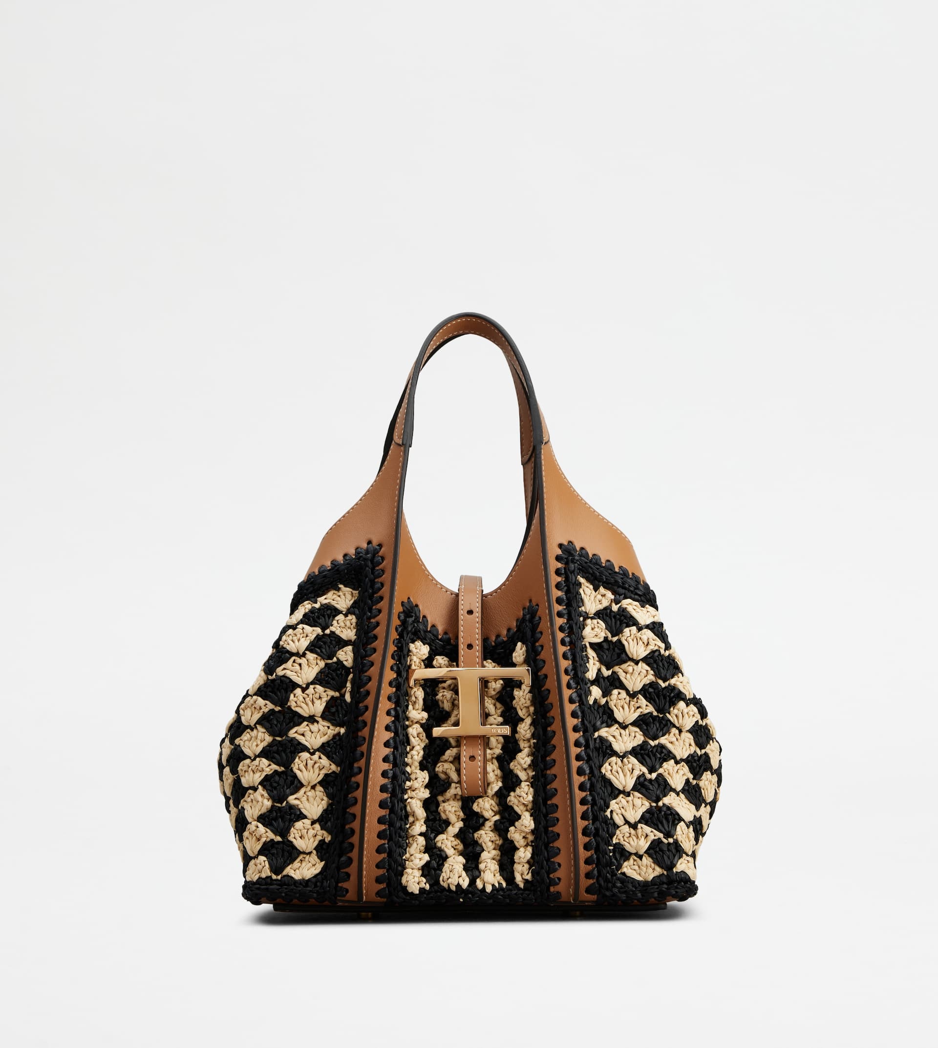T TIMELESS SHOPPING BAG IN LEATHER AND RAFFIA MINI - BEIGE, BROWN, BLACK - 1
