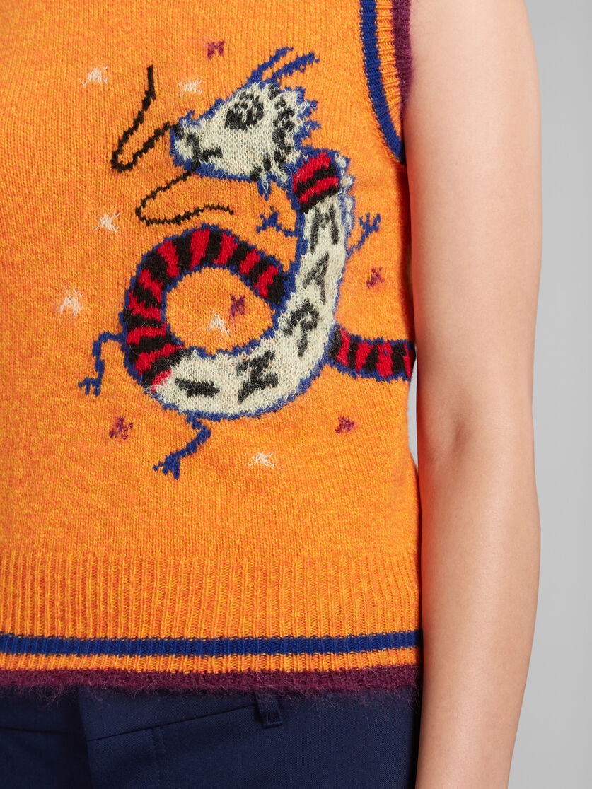 ORANGE WOOL-CASHMERE SLEEVELESS JUMPER WITH JACQUARD DRAGON - 5